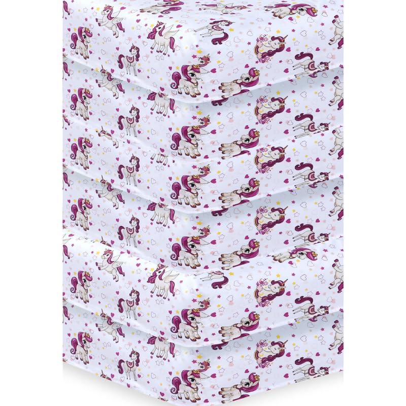 6 x Cot Bed Fitted Sheets, 70 x 140 cm Easy Care Fine Quality Breathable Polycotton Cot Sheet (Unicorn-70 x 140cm)