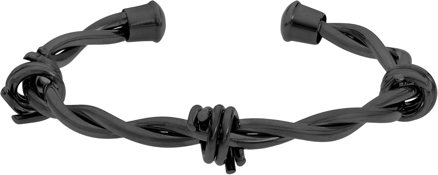 Metro Jewelry Open Stainless Steel Barbed Wire Bangle Bracelet for Men with Black or Rose Gold Ion Plating and Capped Ends 11mm Wide 8.25 Inches Long