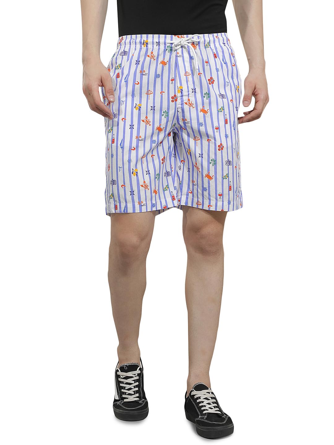 crimsoune club Men's Blue 100% Cotton Vertical Striped Lounge Shorts-picture-30