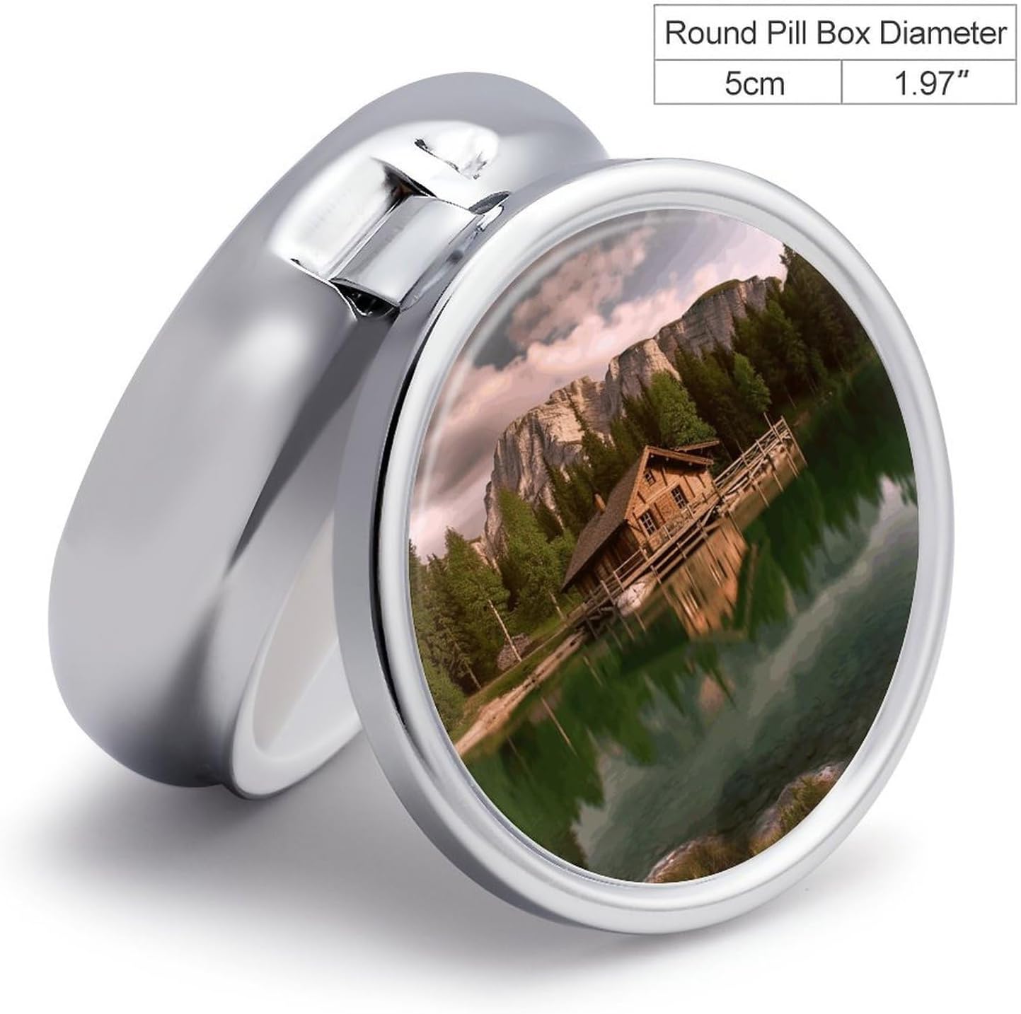 Lake and Wood Cottage Round Pill Box, Waterproof Medicine Organizer Box image 2