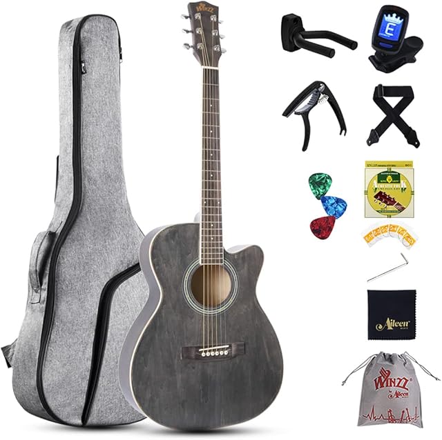 Winzz gitara akustyczna dla dzieci 3/4, gitara Western, Czarno-szary, 36, zestaw dla początkujących