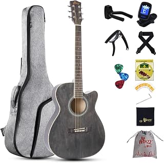 Winzz 3/4 Acoustic Guitar, Beginners Guitar for Kids and Adults, Folk Guitar Black-grey 36 Inches with Steel-string