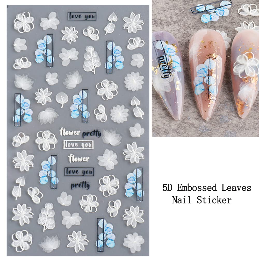 Flower Nail Art Sticker Decals 5D Hollow Exquisite Pattern Nail Art Supplies Self-Adhesive Luxurious Nail Art Decoration White Feather Lace Flower Leaf Carving Design DIY Acrylic Nail Art, 3 Sheet : Beauty & Personal Care