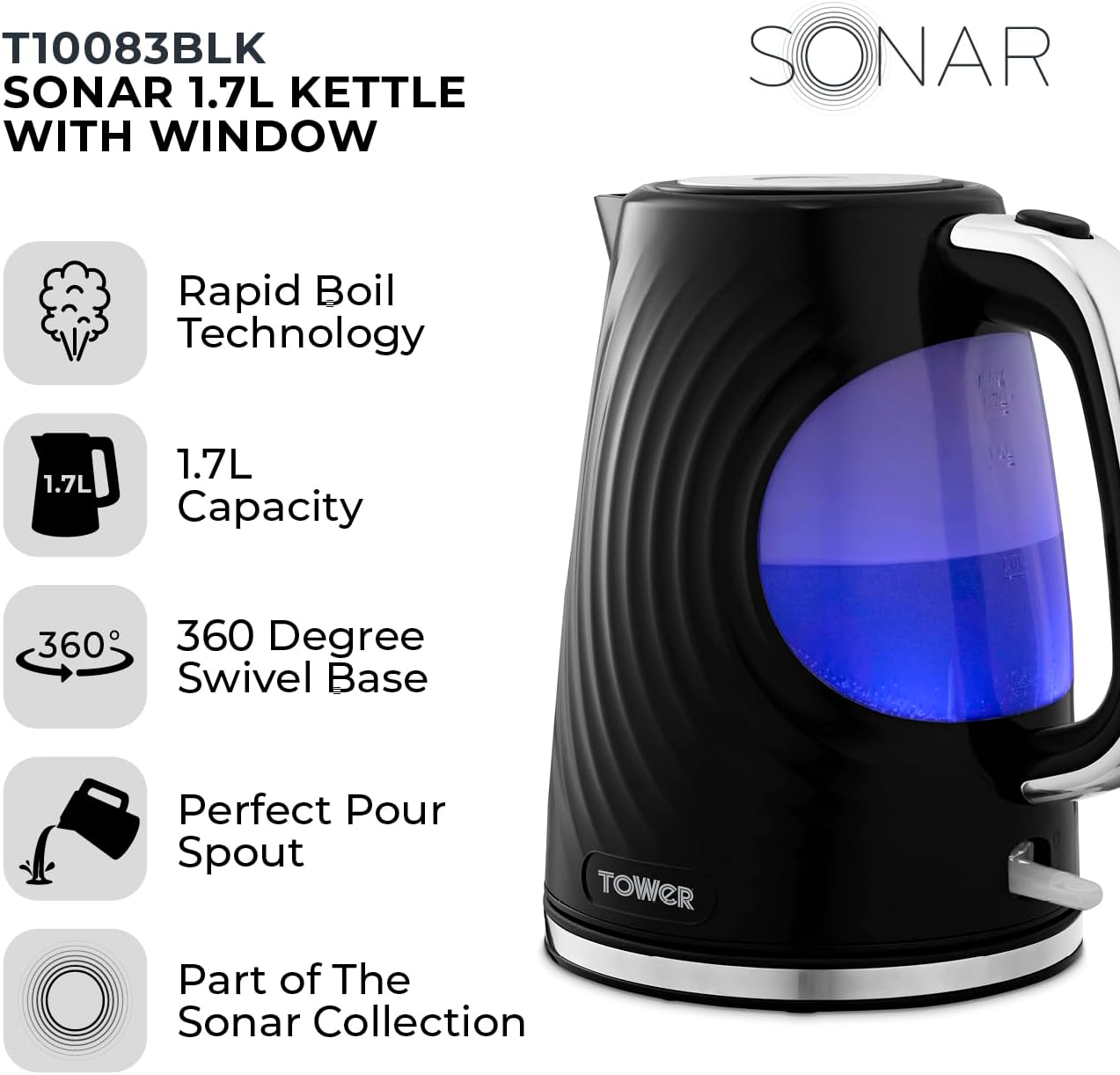 T10083BLK Sonar Textured Kettle with Large Viewing Window & Blue Light, 360 D… thumbnail 2