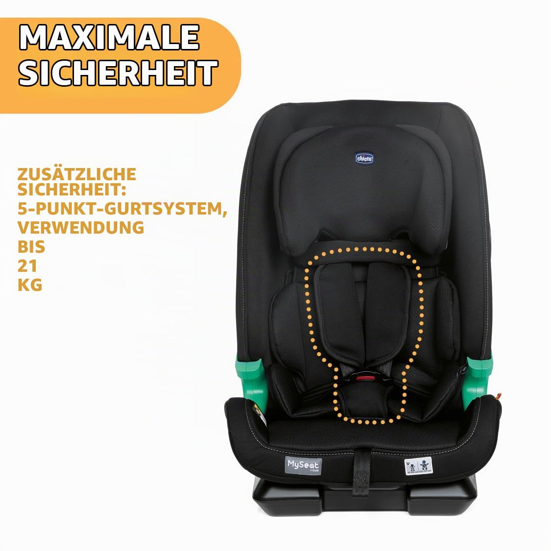 Chicco MySeat, Autositz, mit Isofix-System, Verwendung mit Integrierten Gurten mit Autogurten, Liegend, Höhenverstellbar, ECE R 129/03 - L Size Zugelassen, 76-150cm, ab 15 Monaten