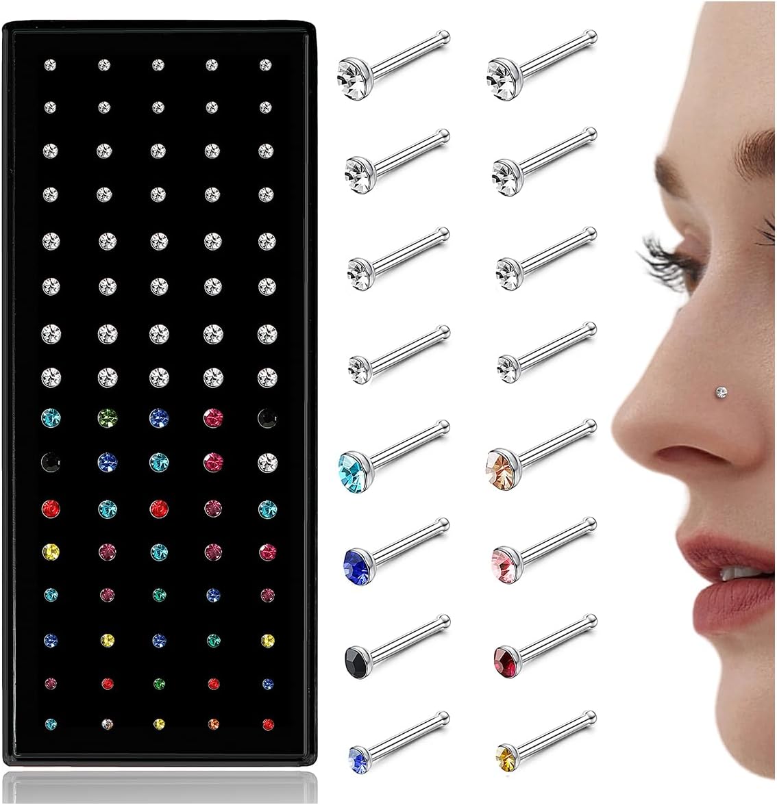 80-160Pcs Nose Rings Studs for Women Men - Straight or L Shaped Surgical Stainless Steel Small Nose Studs Pin - Hypoallergenic 20G 22G Tiny Nose Piercing Jewelry 1.5/2/2.5/3 mm CZ