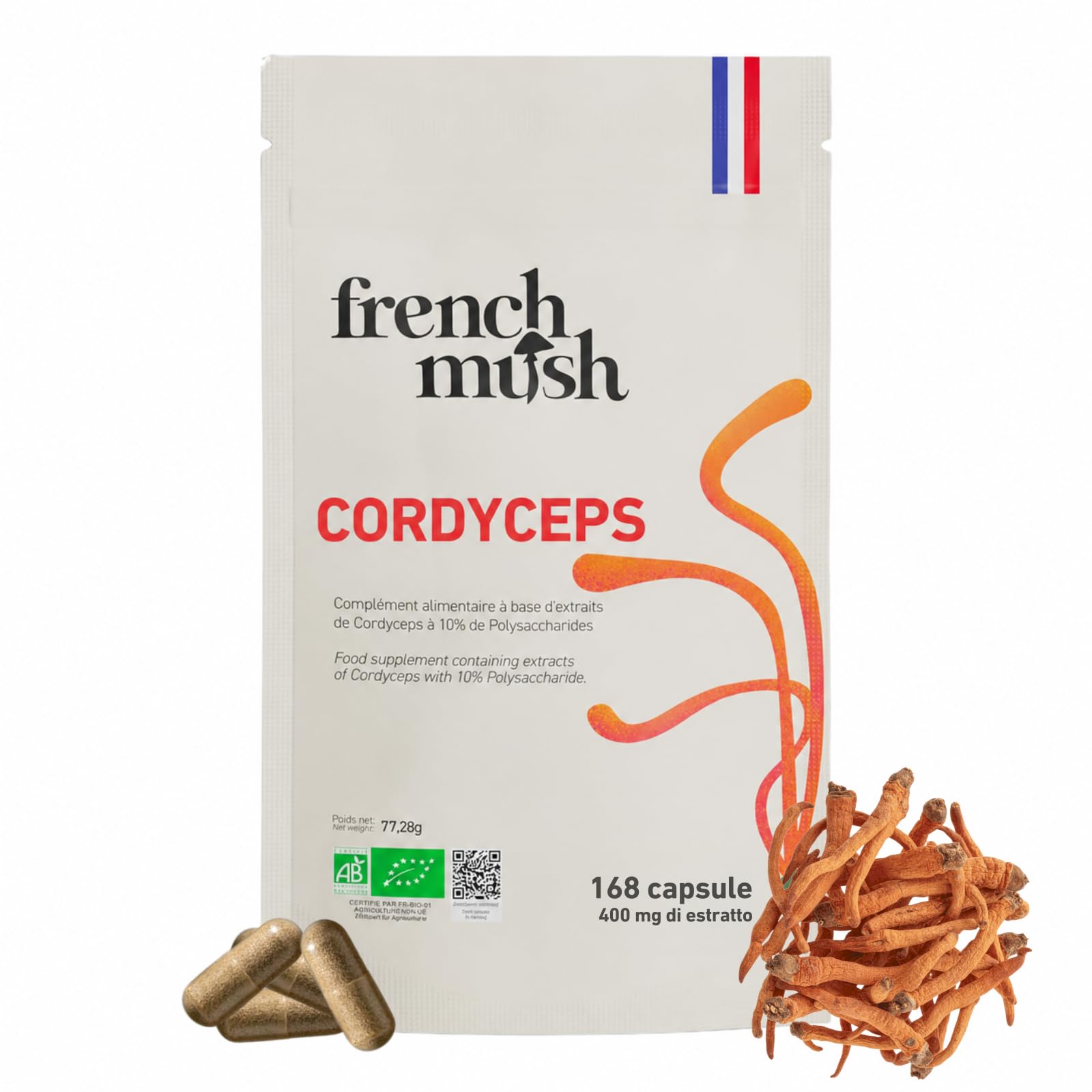 French Mush Doypack Cordyceps Bio - 168 Capsule Vegane - Benessere, Prestazioni Fisiche, Energia - 1 o 2 Capsule al Giorno - Integratore di Cordyceps