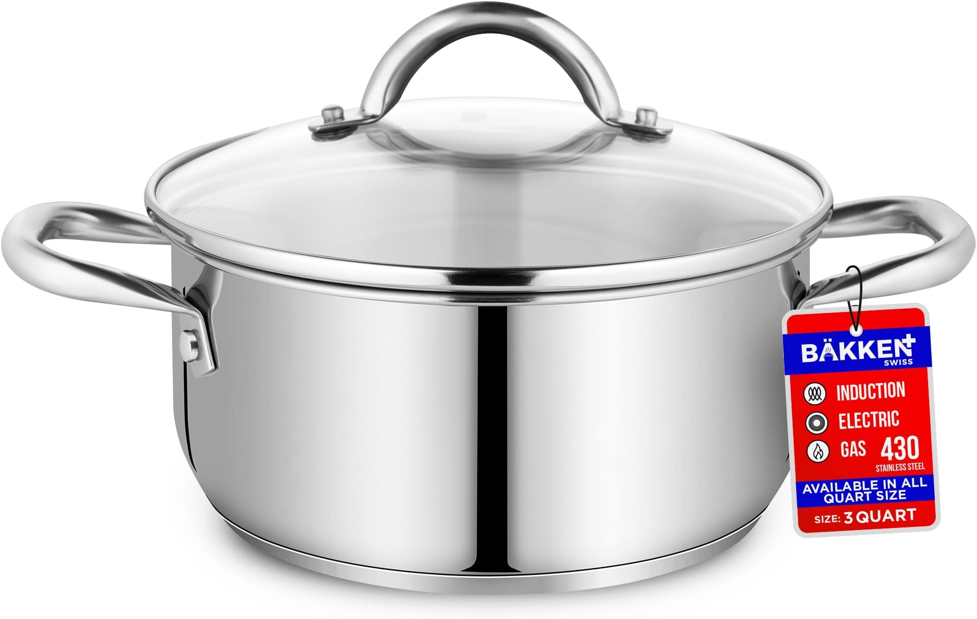Stainless Steel Stockpot with Tempered Glass Lid 3 Quart, Durable 18/0 Stainless Steel, Impact-Bonded Base for Even Heating, Riveted Handles, Oven & All Stove Compatible, Safe Up to 500°F (260°C)