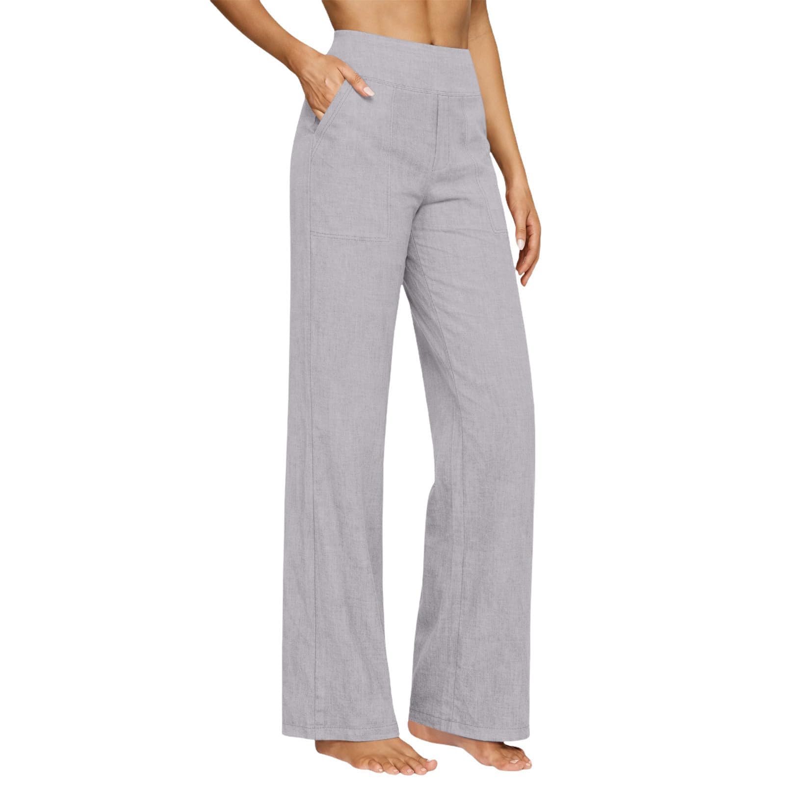 Generico Pantaloni Casual da Donna in Cotone e Lino – Gamba Larga, Vita Elastica, Ideali per Spiaggia, Vacanze e Relax – vestibilità Ampia e Leggera (Light Gray,L)