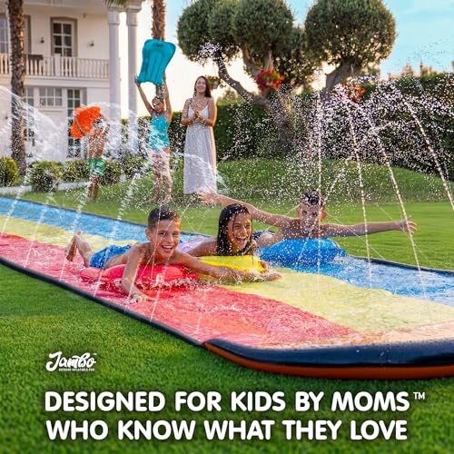 Image of JAMBO Premium Triple Water Slide with 3 Bodyboards, 20Ft Heavy Duty Slip Splash and Slides-Advanced 3-Way Sprinkler System, Splash Pad Mat Backyard Summer Outdoor Water Toys n Long Slides for Kids