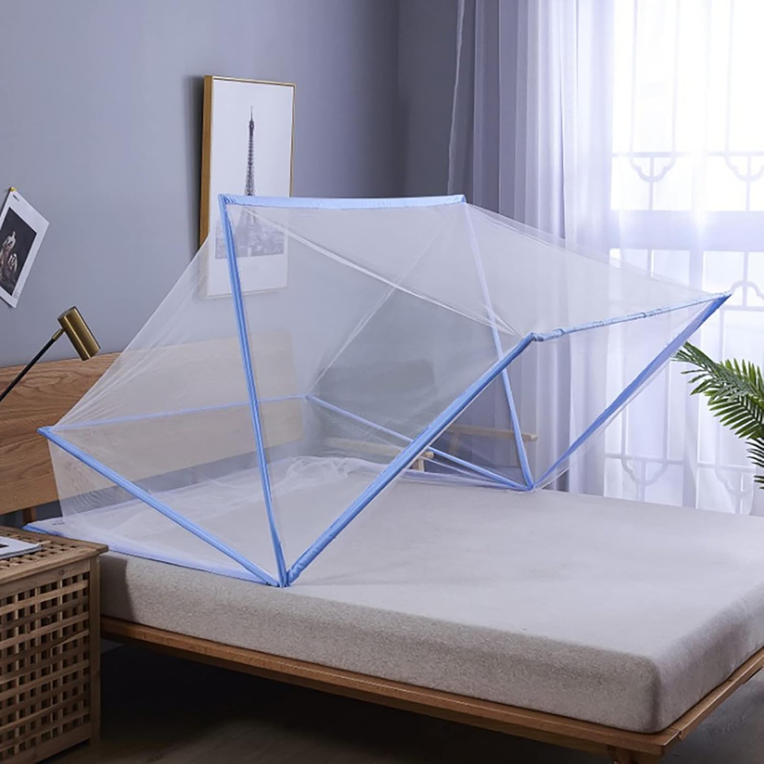 Foldable Blue Mosquito Net - Rectangular Polyester Insect Protection for Indoor & Outdoor Use(190x135x80cm)