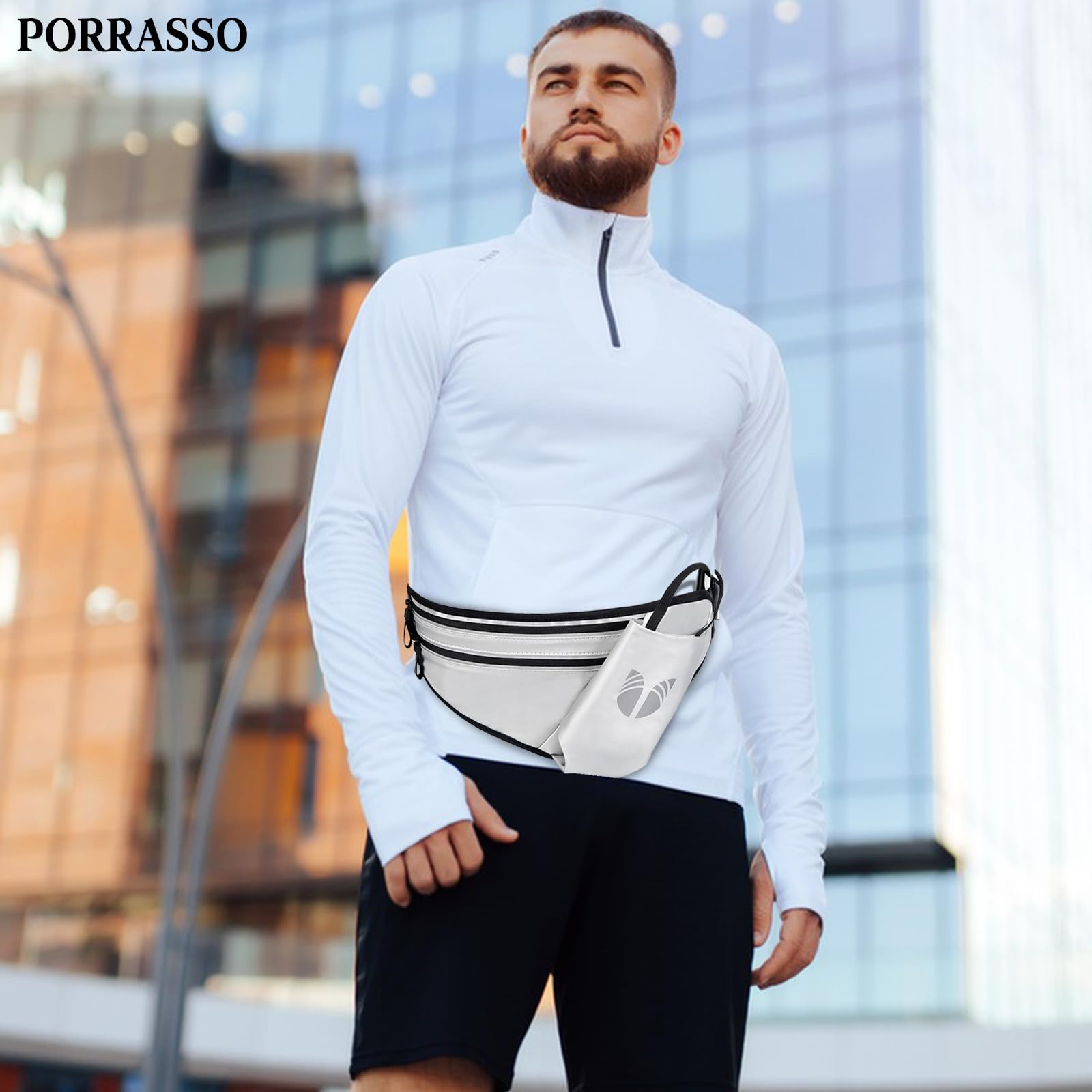 Marsupio Fanny Pack Bag Sportiva Impermeabile Marsupio con Portabottiglia Design Riflettente Cintura Regolabile (65-128CM) per Uomini Donne Corsa Trekking Viaggio Ciclismo Argento