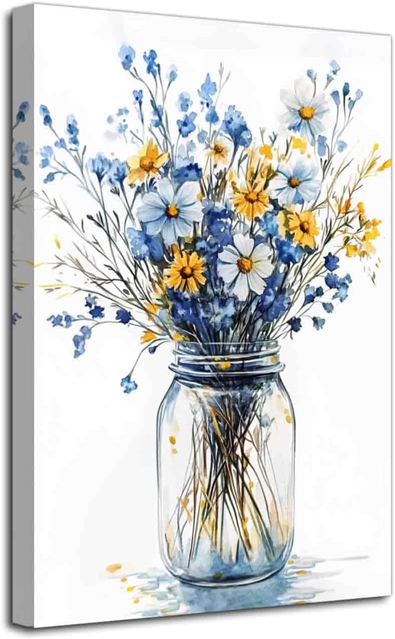 LZIMU Bathroom Flower Wall Art Glass Vases Picture Watercolor Floral Bouquet Canvas Print Wildflowers Botanical Painting Poster Modern Rustic Kitchen Decor (Blue, (18L x 12W))
