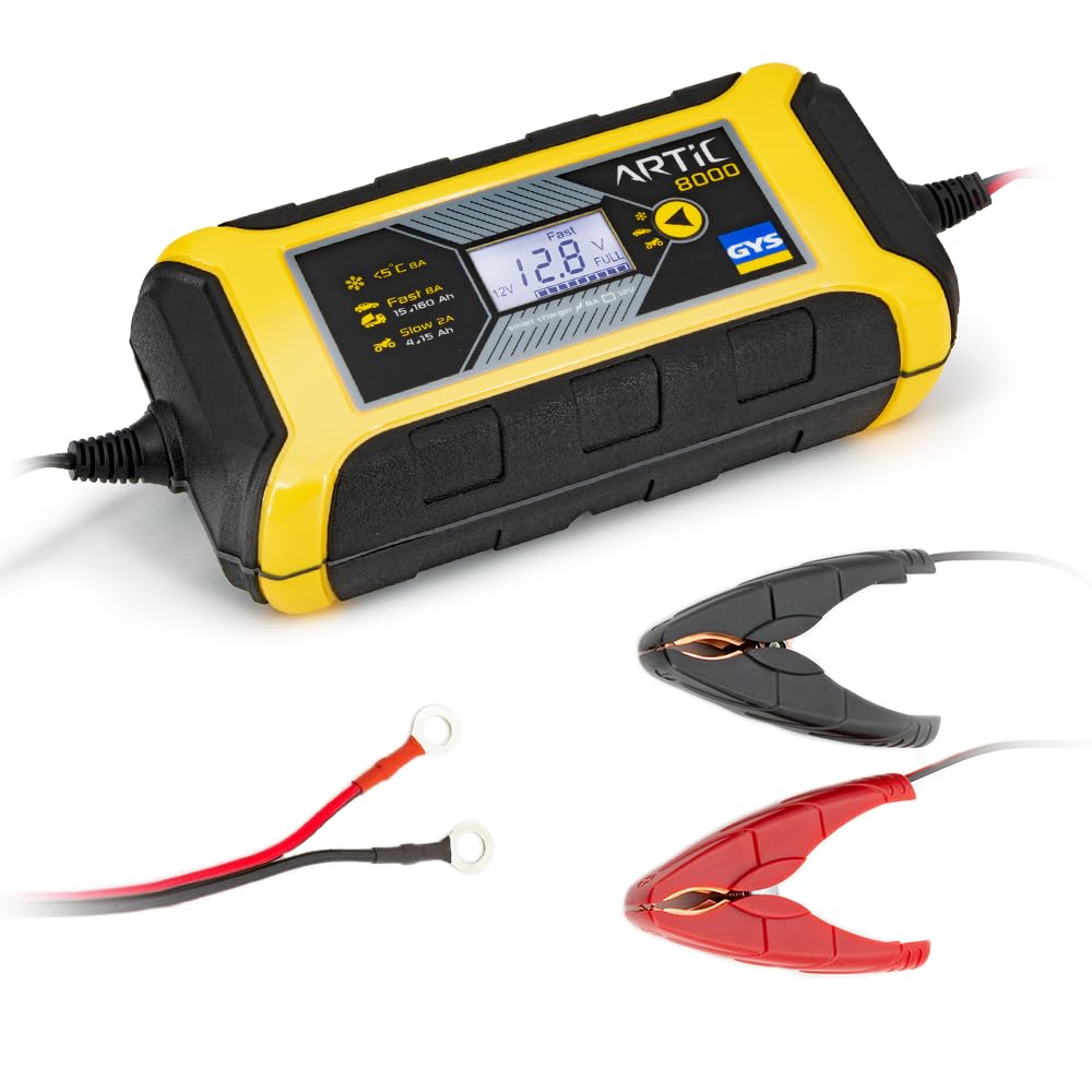 GYS - Artic 8000 – Chargeur de Batterie Inverter – (12V) 2/8 A – Idéal Voitures Citadines, Motos, Jet-Skis et Véhicules de Collection – Livré avec Pinces et Cosses de Connexion