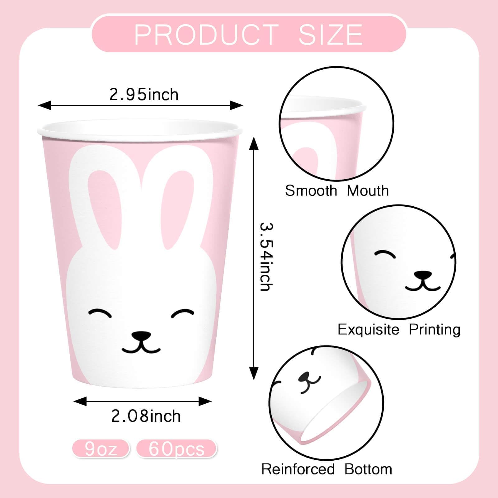 Vanulus 60 Pcs Easter Bunny 9oz Disposable Paper Cups Drinking Tea Disposable Coffee Cups for Pink Rabbit Kids Birthday Baby Showers Spring Tea Party Cocktail Parties