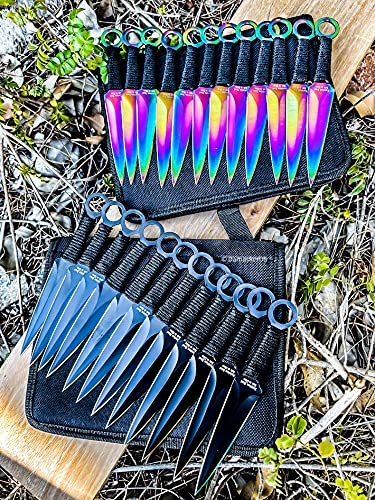 DamaskerUS 24pc Black & Rainbow Throwing Knive Set Outdoor Camping Hunting Naruto Kunai Knives/Sheath
