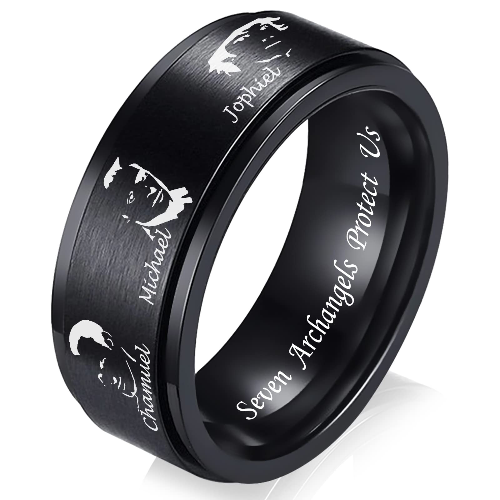 AntDear7 Archangels Spinner Ring for Men Seven Archangels Protection Ring Black Stainless Steel Fidget Ring for Anxiety Amulet Jewelry
