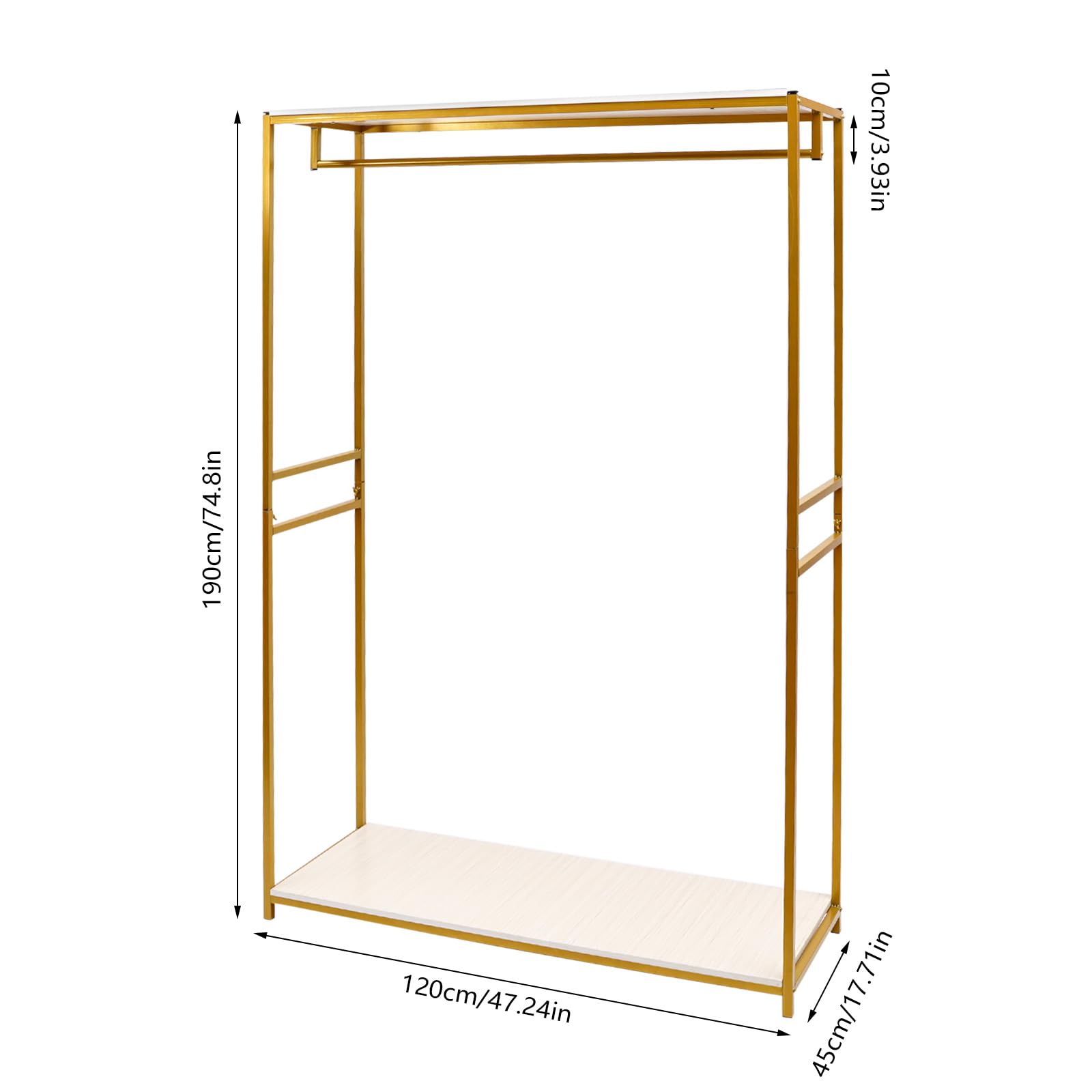 Złoty stojak na suknię ślubną kwadratowy wieszak na ubrania 120 x 45 x 190 cm idealny na wieczór panieński, przyjęcia urodzinowe, imprezy panieńskie, elegancka ekspozycja odzieży