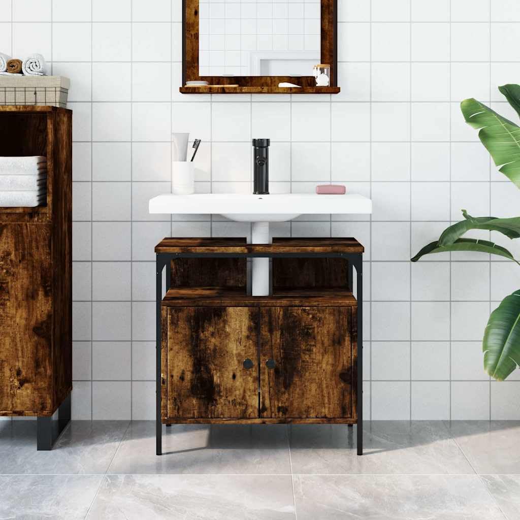 Mobile sottolavabo in legno di rovere affumicato, 60 x 30 x 60 cm, con vano portaoggetti, cassetto e porta, mobile da bagno per bagno, WC degli ospiti, montaggio a parete, salvaspazio e
