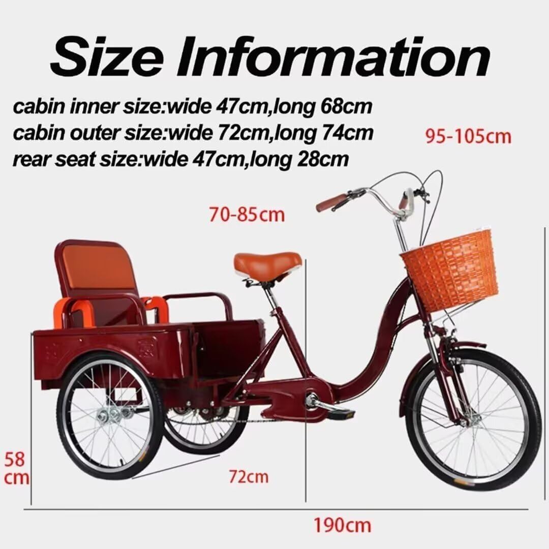 Cruiser Trike with Back Cargo Cabin,Rickshaw Tricycle with Pedals for Senior and Adult,3 Wheels Bicycle with Foldable Back Seat,Mobility Trike,Hydraulic Front Fork