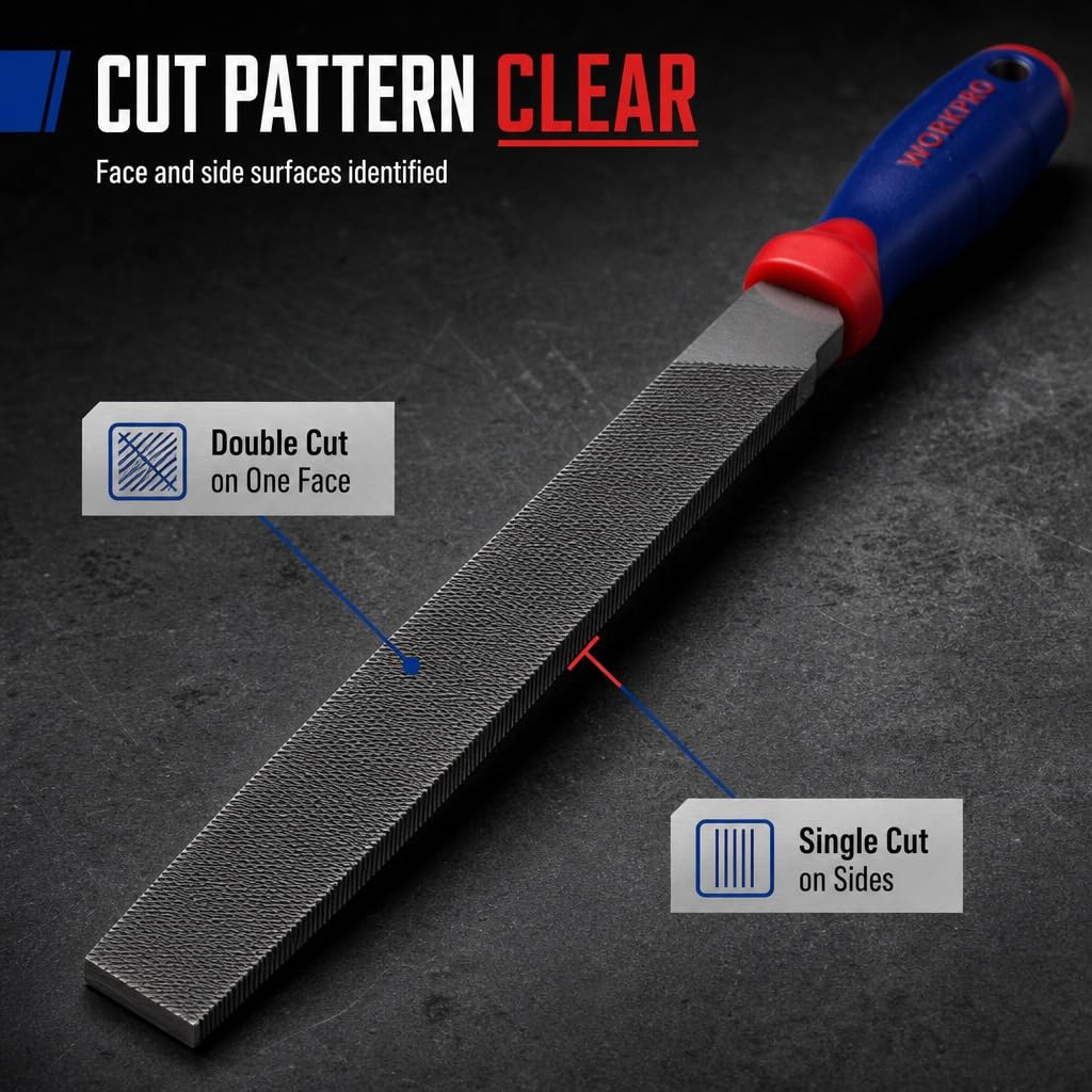 WORKPRO W051002 10 In. Flat File – Durable Steel File to Sharpen Tools and Deburr, Comfortable Anti-Slip Grip, Double Cut – Tool Sharpener for Professionals and DIY (Single Pack) — Amazon image 4