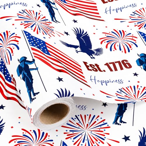 Burymento 4th of July Wrapping Paper - 17in x 16.4ft Independence Day Gift Wrap with American Flag Eagle Fireworks Est 1776 Design Patriotic Gift Wrapping Paper for Memorial Day Presidents Day
