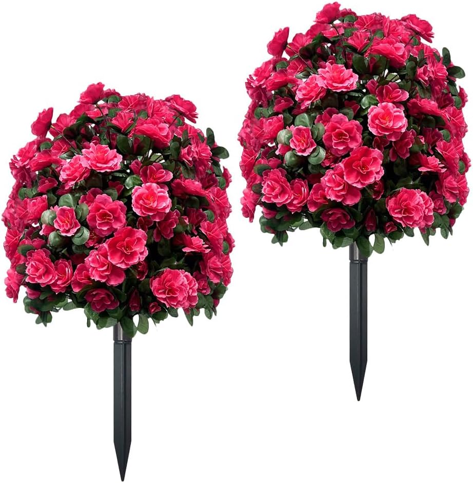 Set of 2 Artificial Boxwood Topiary Ball Trees with Flowers,22.8" Outdoor UV Resistant Faux Greenery Shrubs with Ground Spike,Fake Bushes Plants for Front Porch,Garden,Yard,Patio Decor (Rose Red)