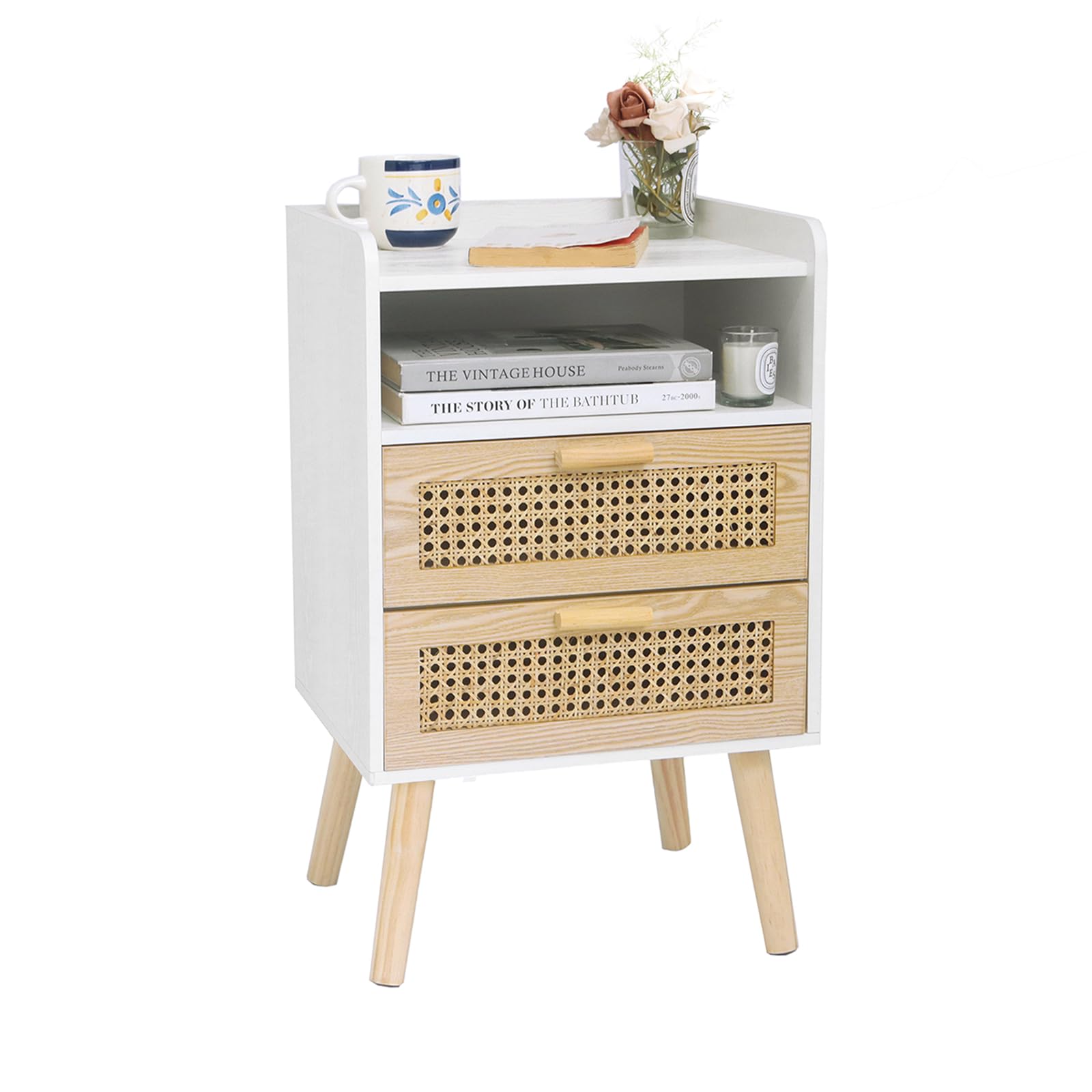 MaxSmeo White Nightstand with Rattan Drawers, Mid Century Modern Bedside Table, Boho Wood Nightstand for Living Room and Bedroom, White