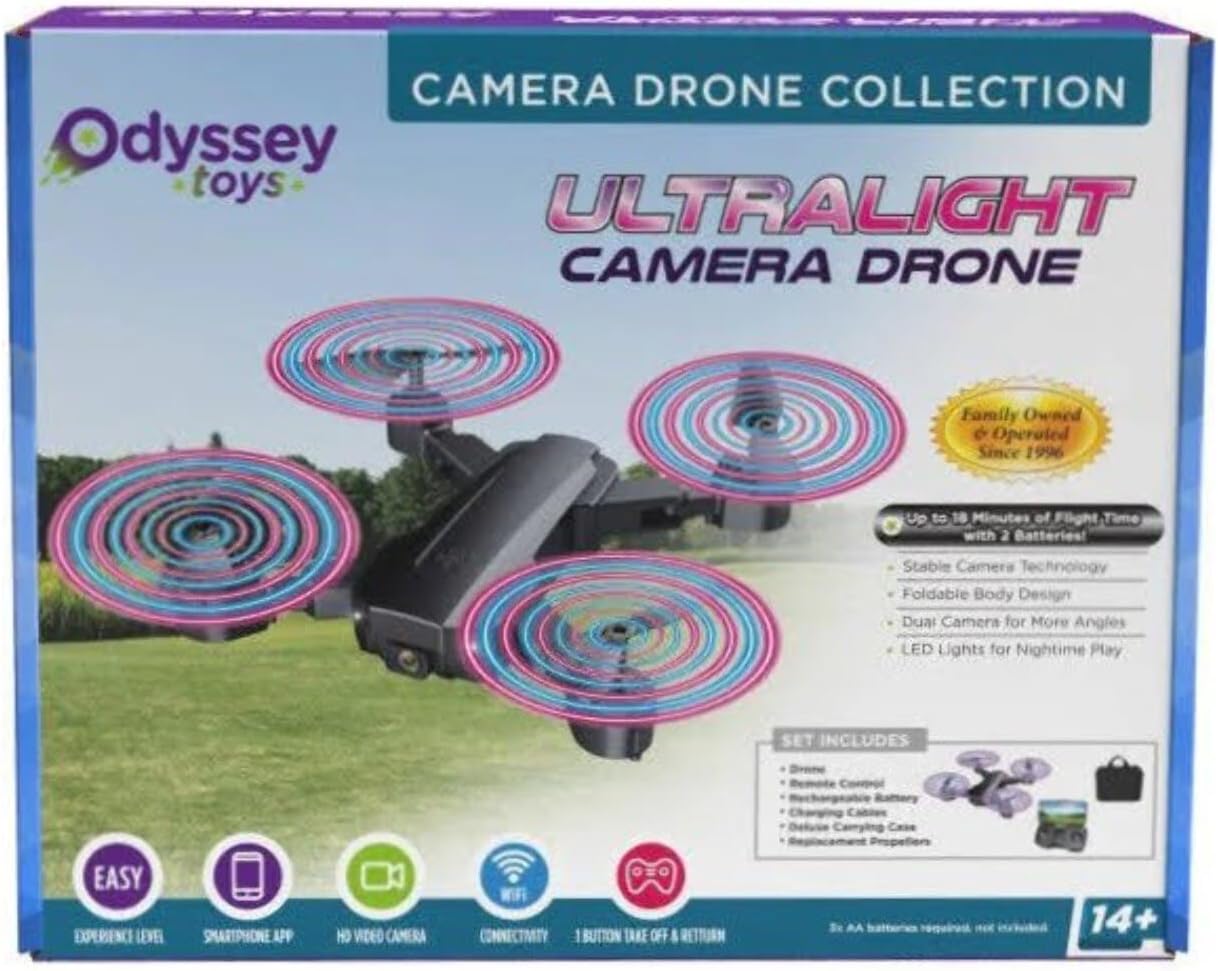 Product box for the Ultralight Camera Drone showing contents and features.