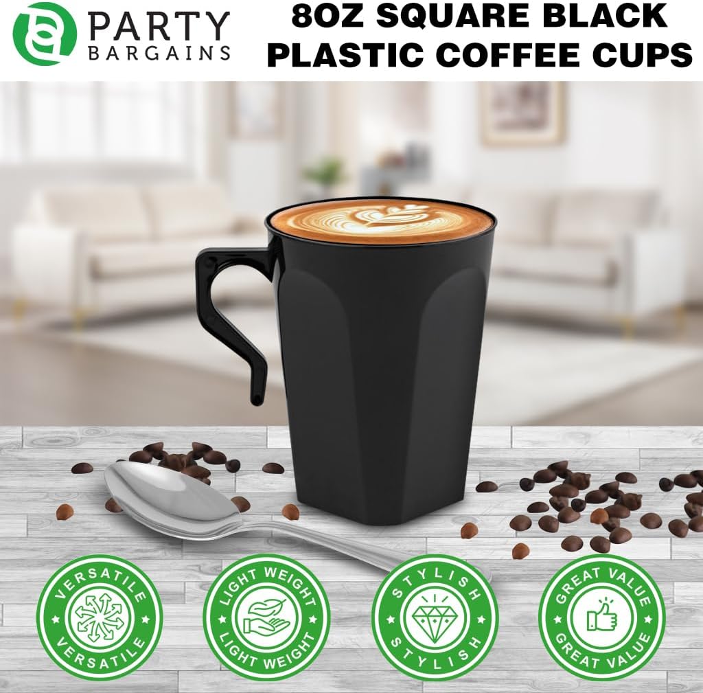 PARTY BARGAINS 8oz Square Black Disposable Plastic Coffee Cups with Handles, 32 Count, Modern Tea & Hot Beverage Cups for Parties, Catering & Events
