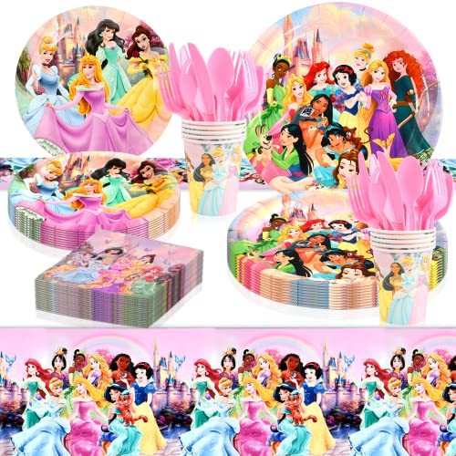 Pusuanzi Princesse Assiette Jetable Anniversaire, Princesses Vaisselle Jetable 81 pièce pour Fête de Thème, Enfants Fête-Assiettes 7''/9'', Serviettes, Gobelets, Couteau, Fourchette, Cuillère, Nappe