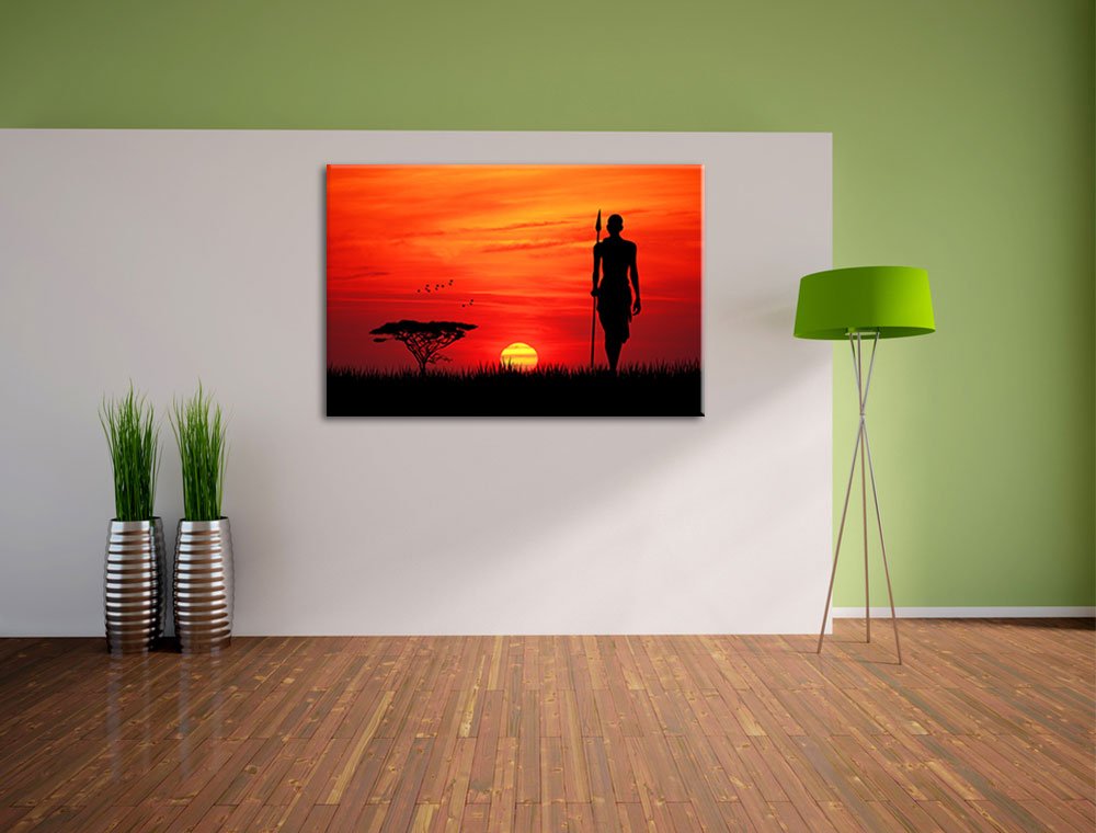 Pixxprint Dark Roter Sonnenuntergang in Afrika, Bild, Größe: 120x80cm, Leinwandbild, fertig gespannt, Wandbild, Dekoration, Kunstdruck, kein Poster