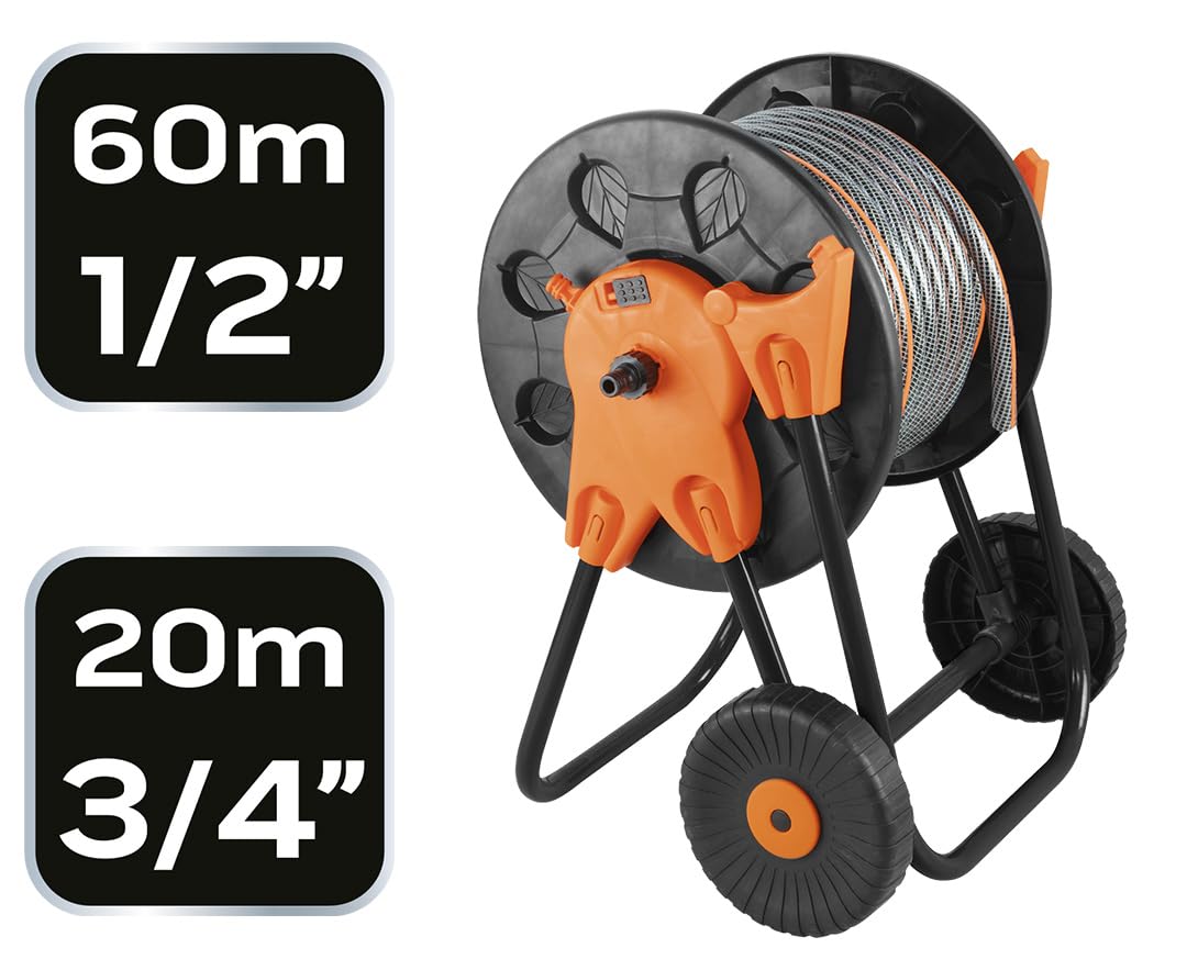 NEO TOOLS Carrello per tubo da giardino, carrello, può ospitare 60 m 1/2" o 20 m 3/4", struttura stabile e robusta, guida che distribuisce uniformemen