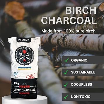 10kg Birch Lumpwood Charcoal by Globaltic - Restaurant-Grade Charcoal for BBQ, Smoking & Grilling - High Heat, Low Ash for BBQ's, Smokers