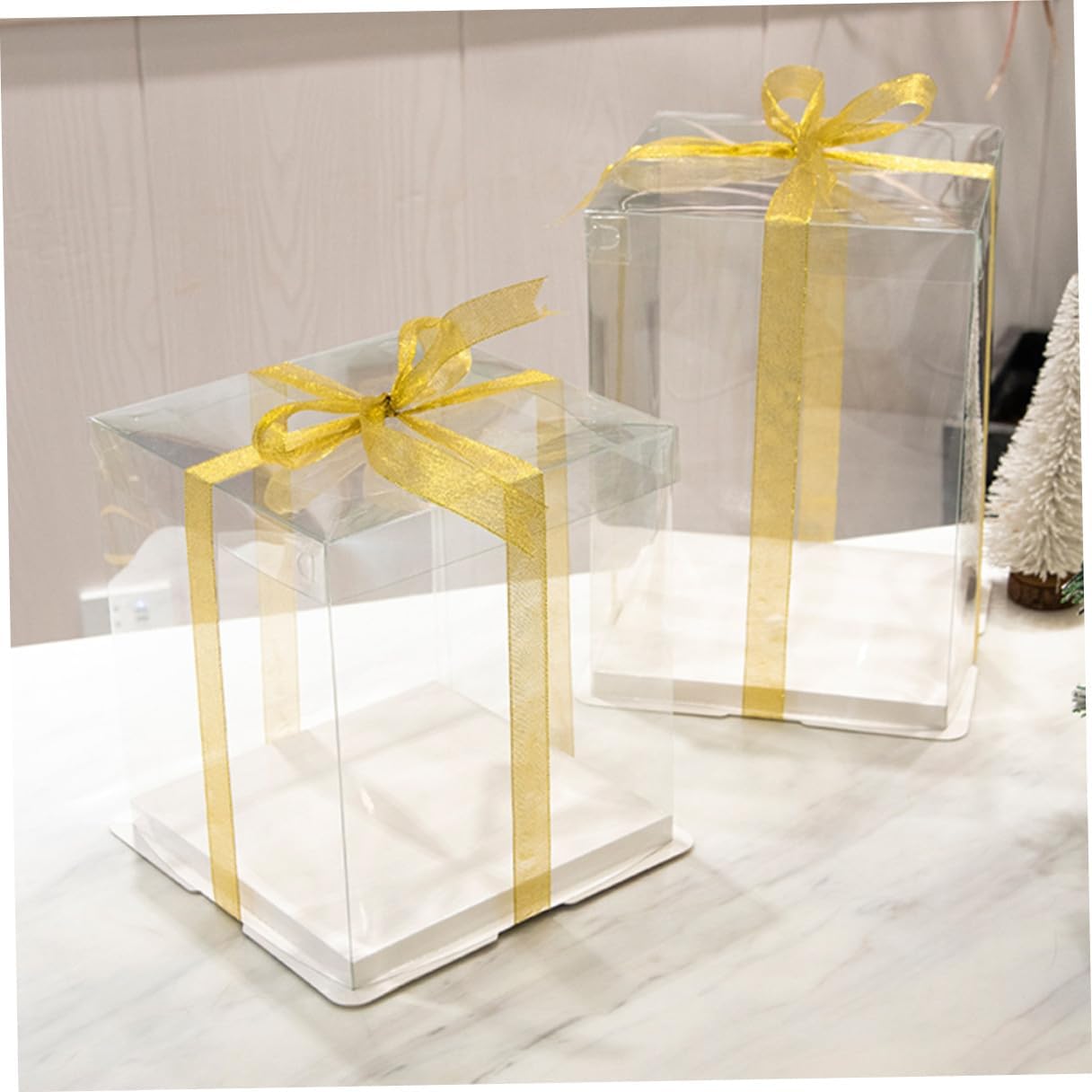 Hemoton 8-inch Square Cake Box with Ribbon Double-layer 26x26x25cm Cake Carrier Storage Container for Party and Packaging