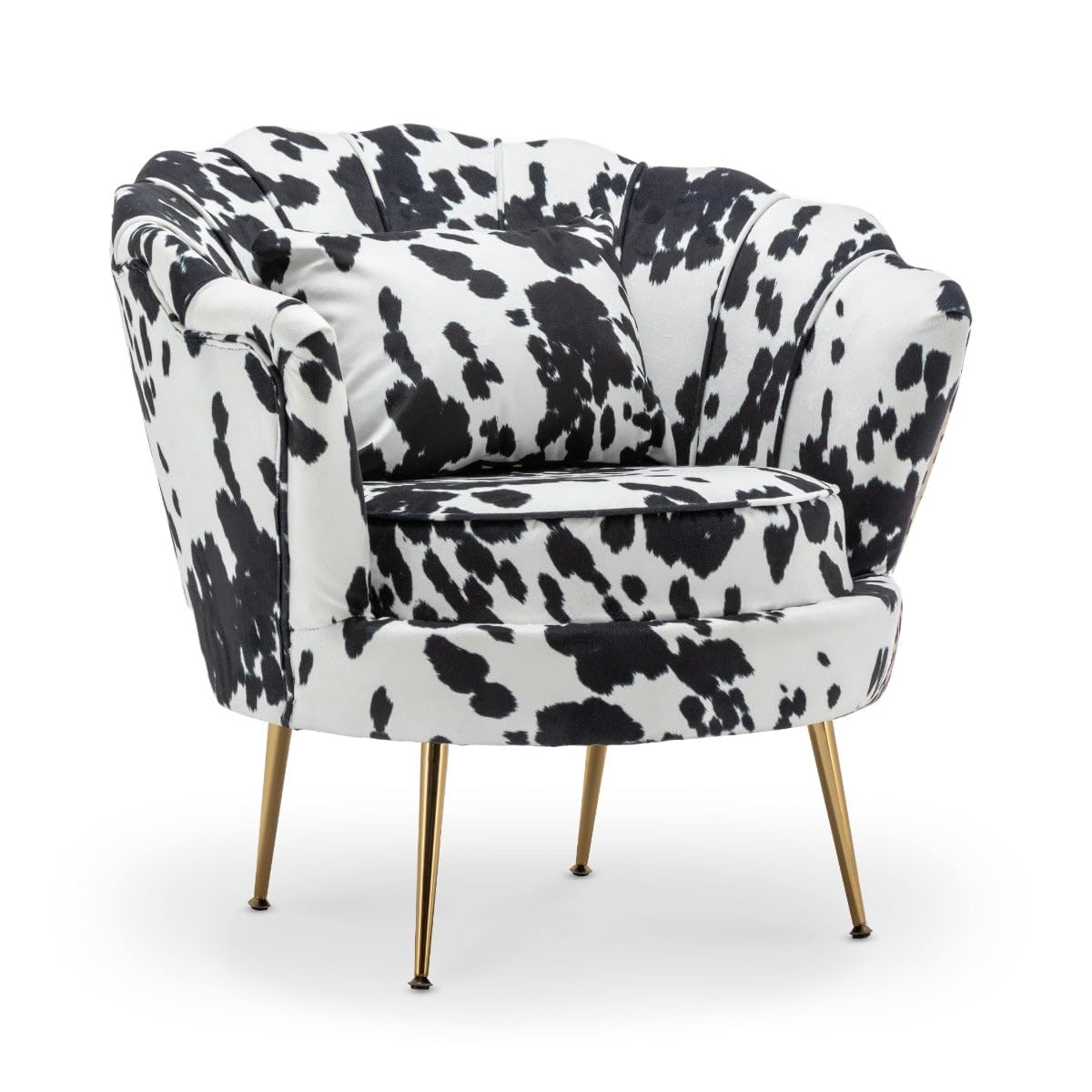 Cozy Black & White Animal Cow Print Shell Accent Chair for Bedroom Lounge Living Room – Comfy Occasional Single Scallop Armchair for Small Spaces, Vanity & Dressing Table , Makeup & Salon