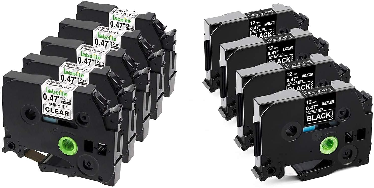 Compatible Label Tape Replacement for Brother Ptouch TZe-131 Black on Clear Label Tapes with Replacement TZe-335 White on Black Label Tape, 9-Pack