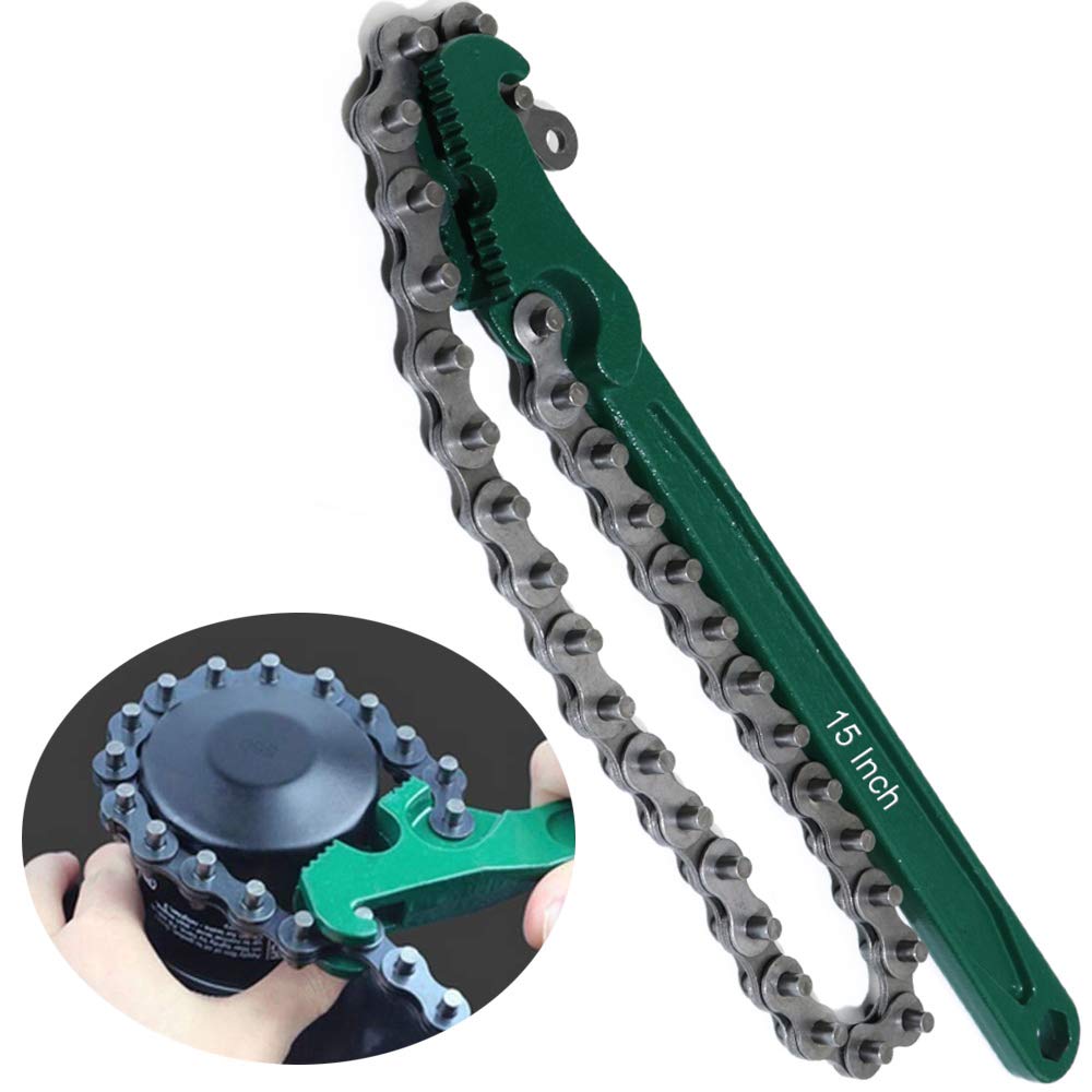 KOOTANSHeavy Duty Chain Wrench 15 Inch Adjustable Ratcheting Oil Fuel Filter Chain Wrench Set Pipe Fittings Tools Spanner