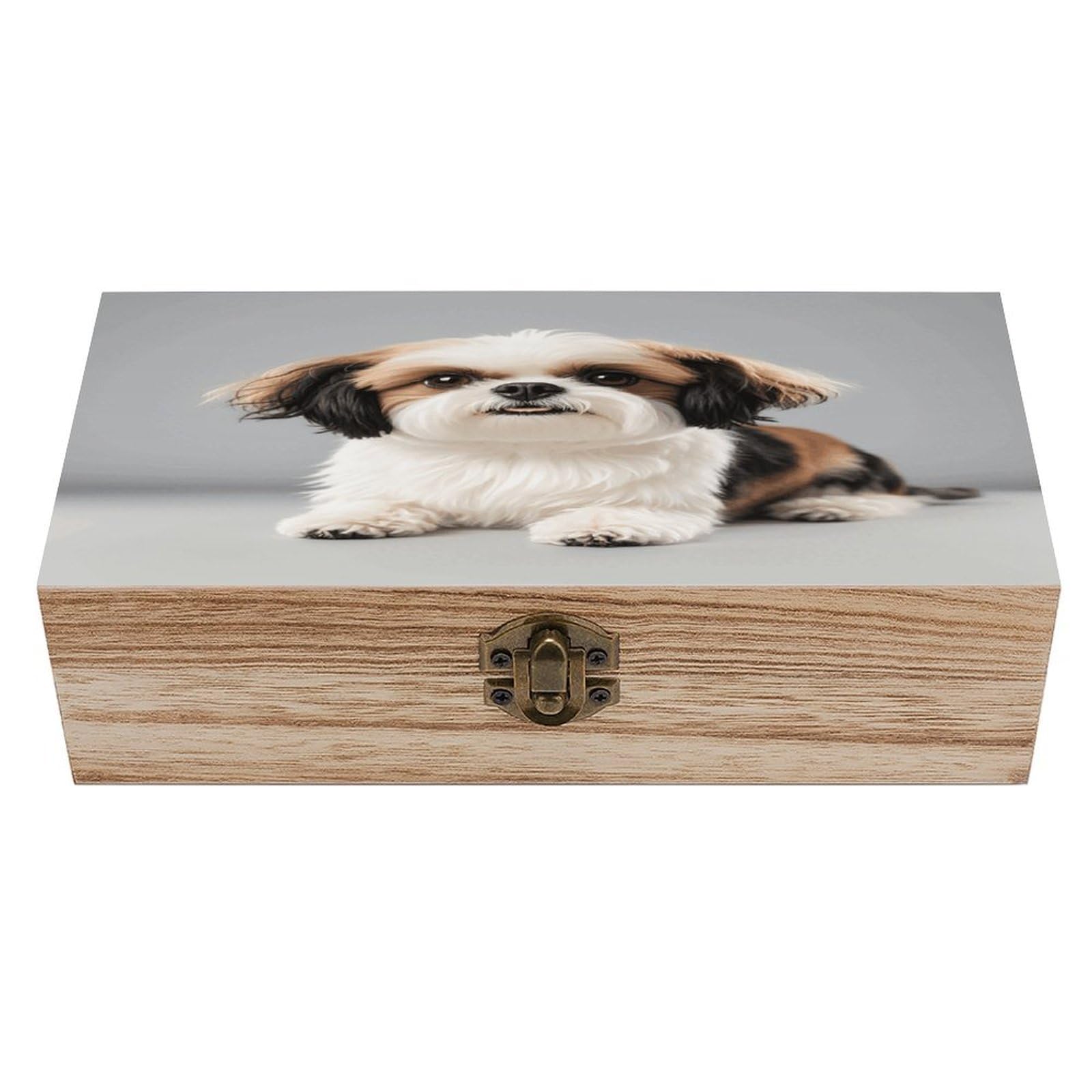 VstaDank Shih Tzu Dog Wooden Storage Box Vintage Style Wooden Storage Case with A Hinged Lid Memory Treasure Boxes Decorative Jewelny Photos for Organizer 7.9 * 3.7 * 2.3 Inch