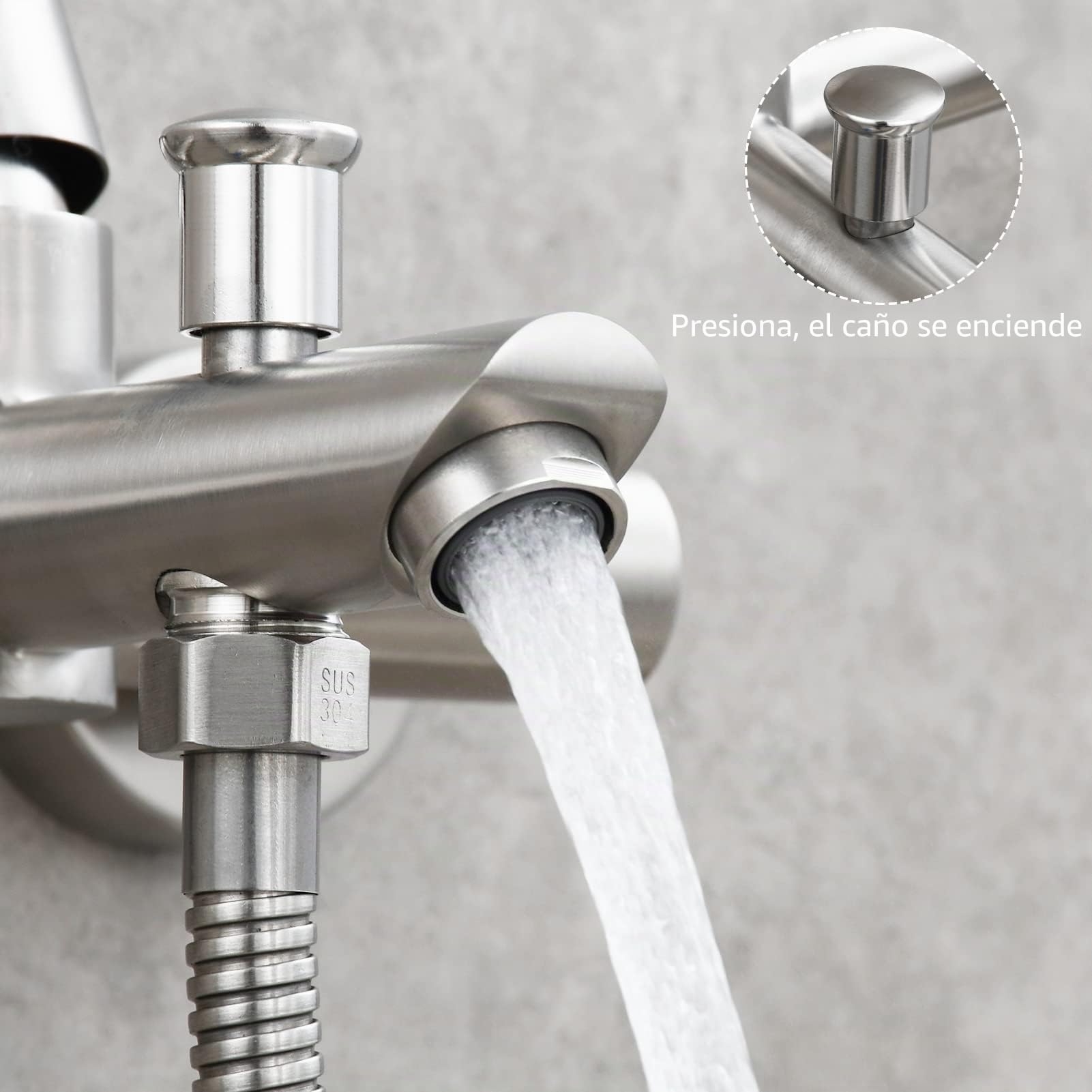 Tecmolog Set de Mezclador de Bañera y Ducha de Montaje Superficial de Una Maneta de Acero Inoxidable con Ducha de Mano y Manguera de Ducha de 1.5 m, Níquel Cepillado, SNA516F3