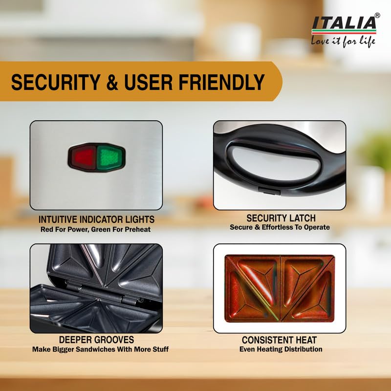ITALIA 750W Sandwich Maker | Deep Fill Cut & Seal Plates for Bigger Sandwiches | Non-Stick Toaster with Cool-Touch Handle & Lock | for Toasties & Breakfast 2