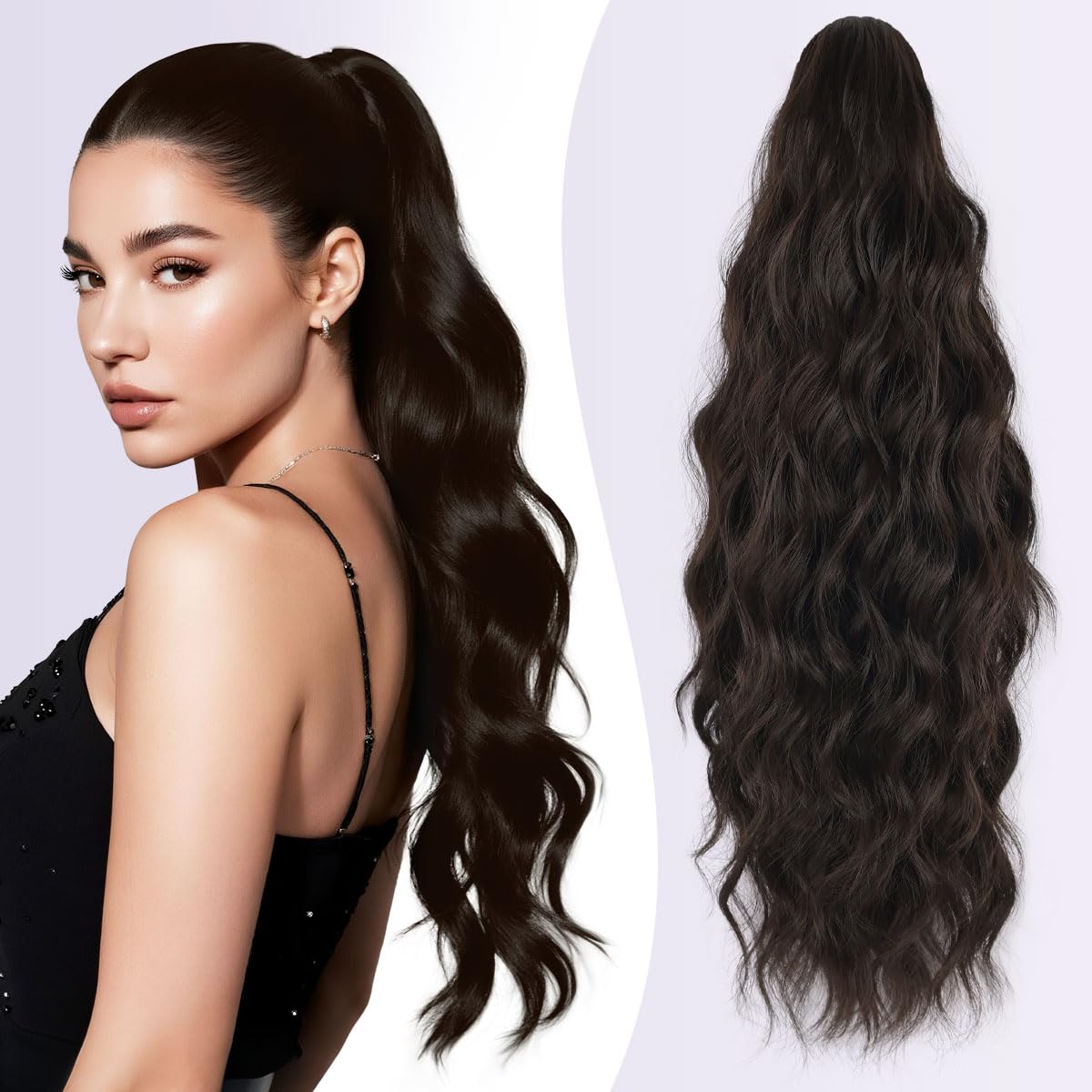 JIAMEISI Claw Clip Ponytail Hair Extensions 18 Inch Ponytail Extension Long Curly Wavy Jaw Clip in Pony Tails Extension Synthetic Fluffy Hairpiece for Women Girls Daily Use Party (Black Brown)