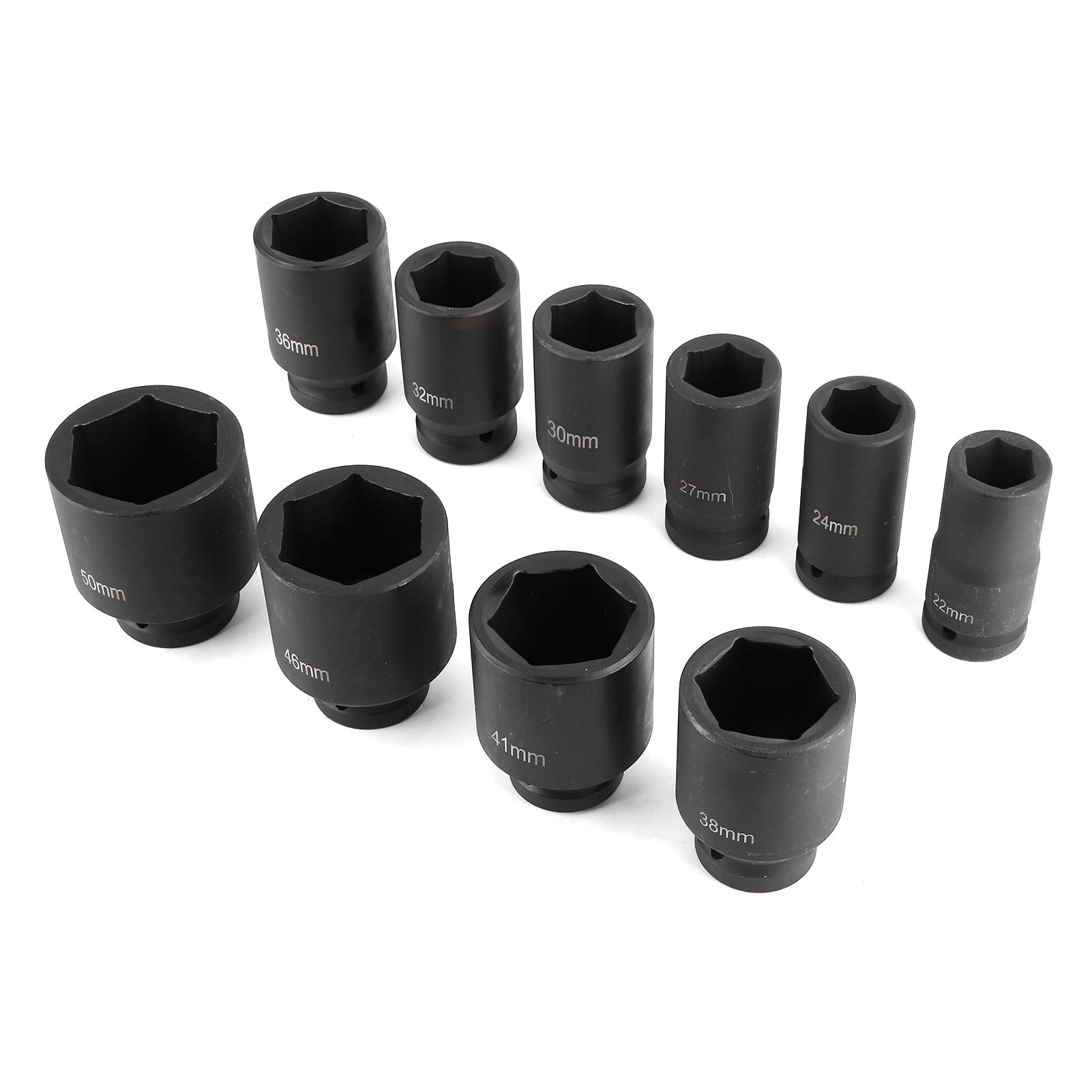 Juego de Vasos de Impacto, Acero Al Cromo Molibdeno, 3, 4 Pulgadas de Profundidad, Métricos, 6 Puntos, 22 Mm a 50 Mm, 10 Piezas de 80 de Longitud con Caja de Almacenamiento para Taller de