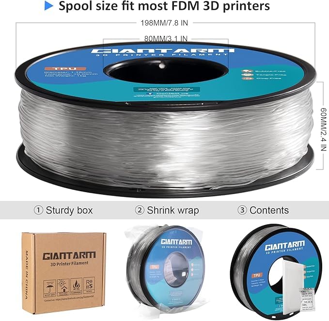Image of GIANTARM TPU Filament 1.75mm Flexible Soft 2pcs 3D Printer Filaments Clear,95A 1kg Spool (2.2 lbs.), Dimensional Accuracy + /- 0.03 mm