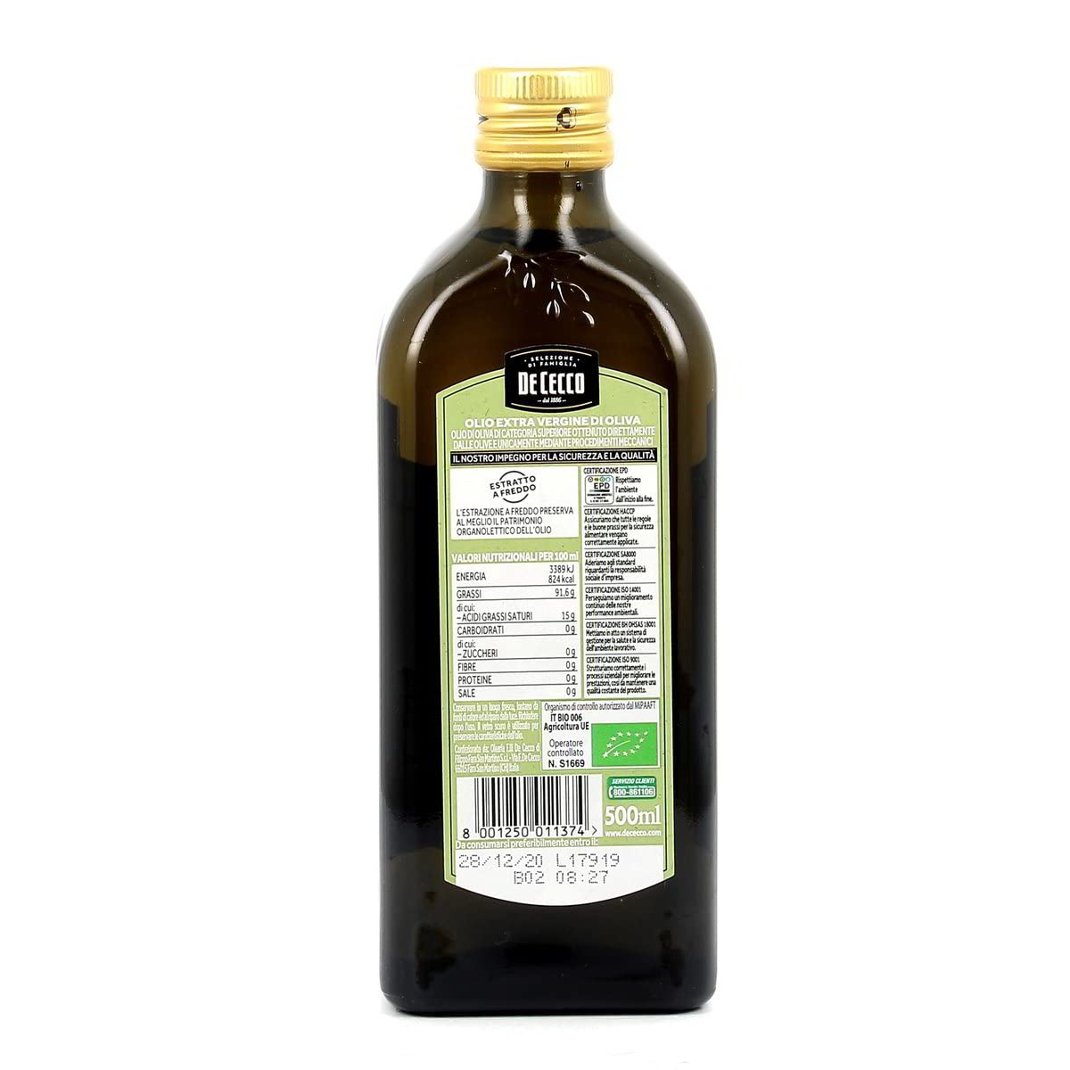 De Cecco Biologico Olio Extra Vergine Di Oliva Lot de 6 huiles d'olive extra vierges pour plats délicats 750 ml