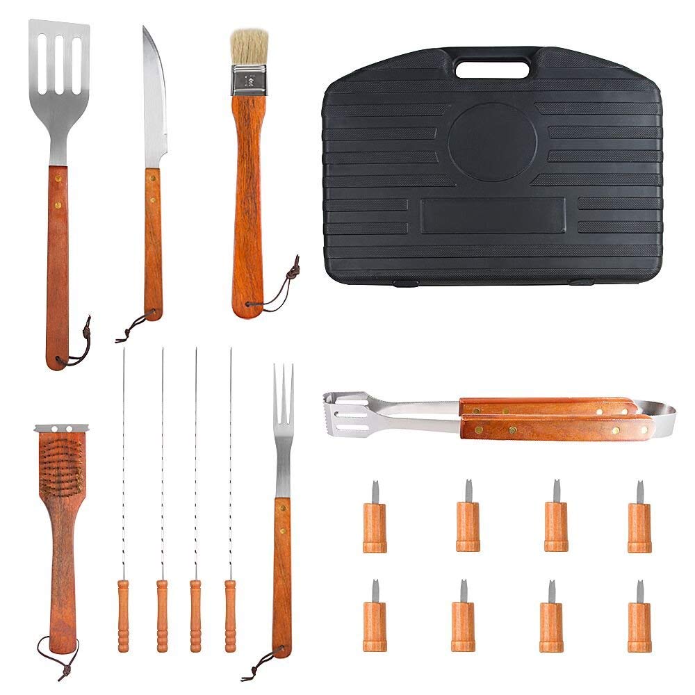 Set di Posate per Barbecue in Legno, 18 Pezzi, Set di Posate per Barbecue, Barbecue per Esterni, Barbecue, Set Barbecue, Facile da trasportare e Pulire, con Una Robusta Valigetta Nera