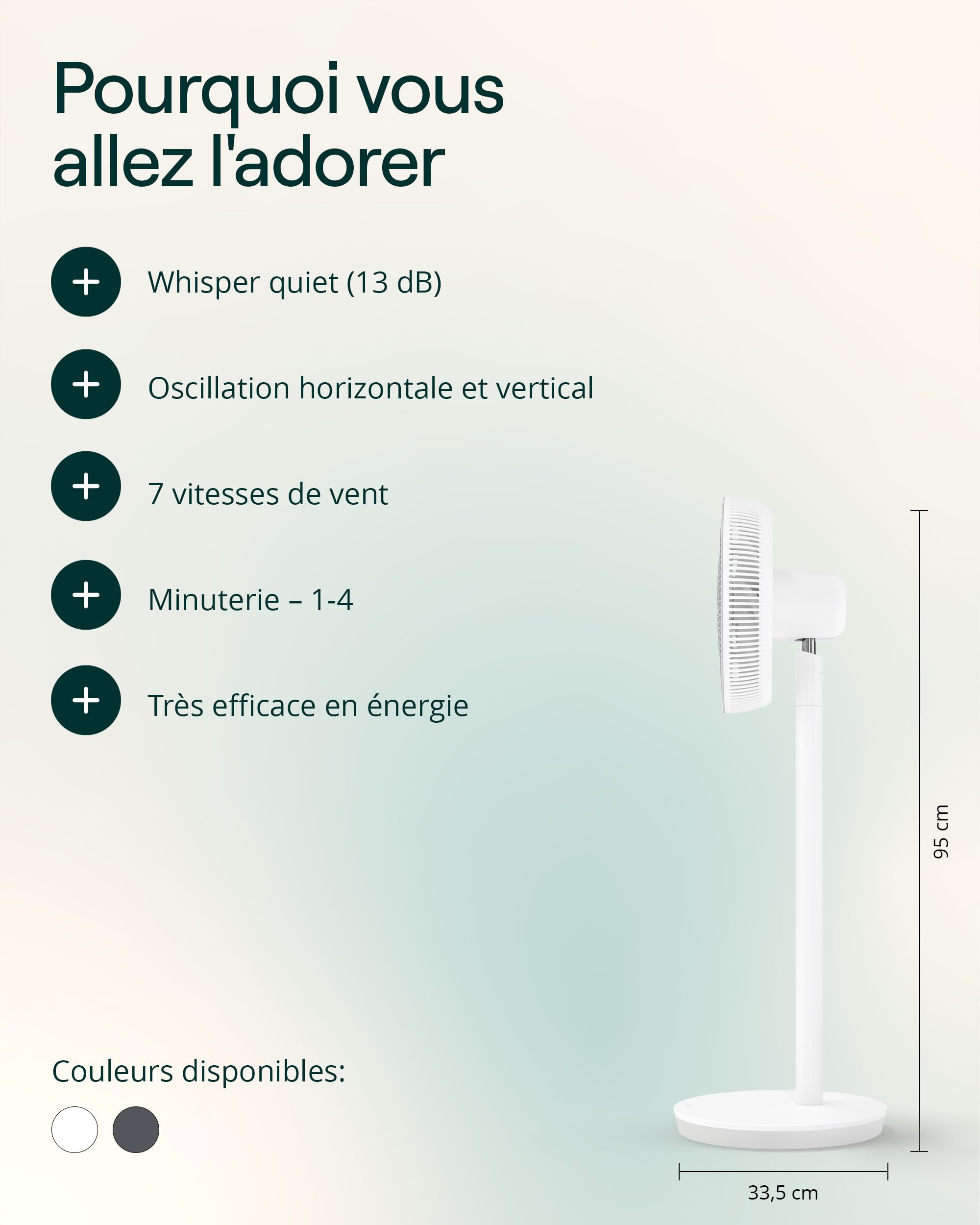 Duux Whisper Essence Ventilateur sur Pied Silencieux - Oscillation horizontale automatique - Très économique avec une consommation de 16W - Blanc
