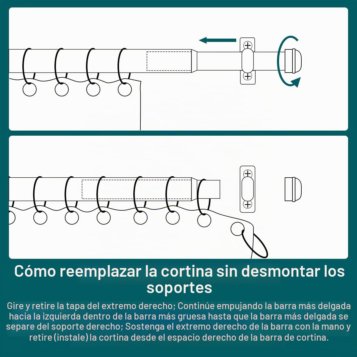Barra de cortina para ventanas con tapa redonda, 80-380 cm, barra de cortina ajustable resistente para montaje en techo con soportes, barra de cortina colgante para montaje en pared