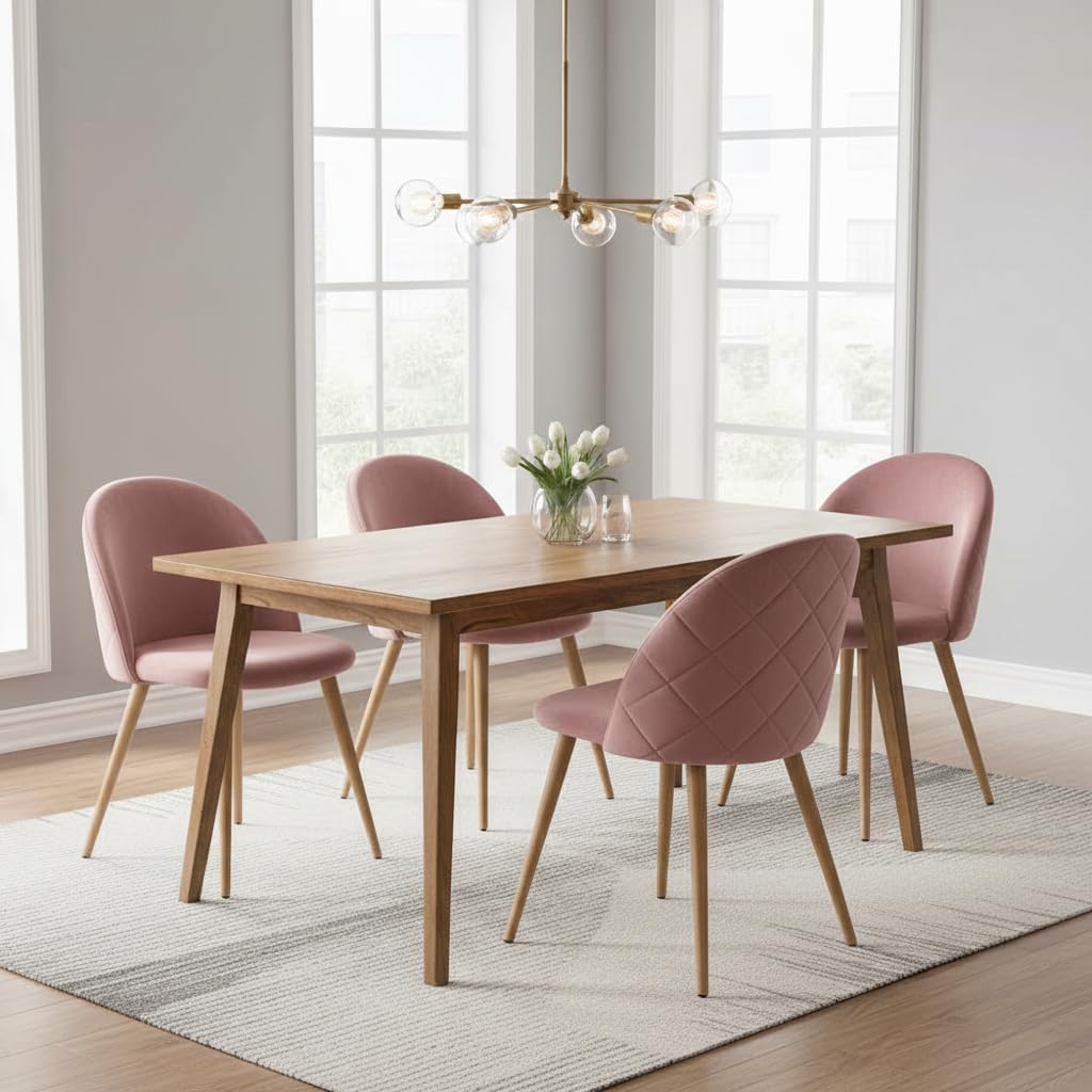 FurnitureR Upholstered Dining Chairs Set of 4, Mid Back Armless Accent Chair Velvet with Wood Legs for Home, Kitchen, Bedroom, and Living Room, Rose