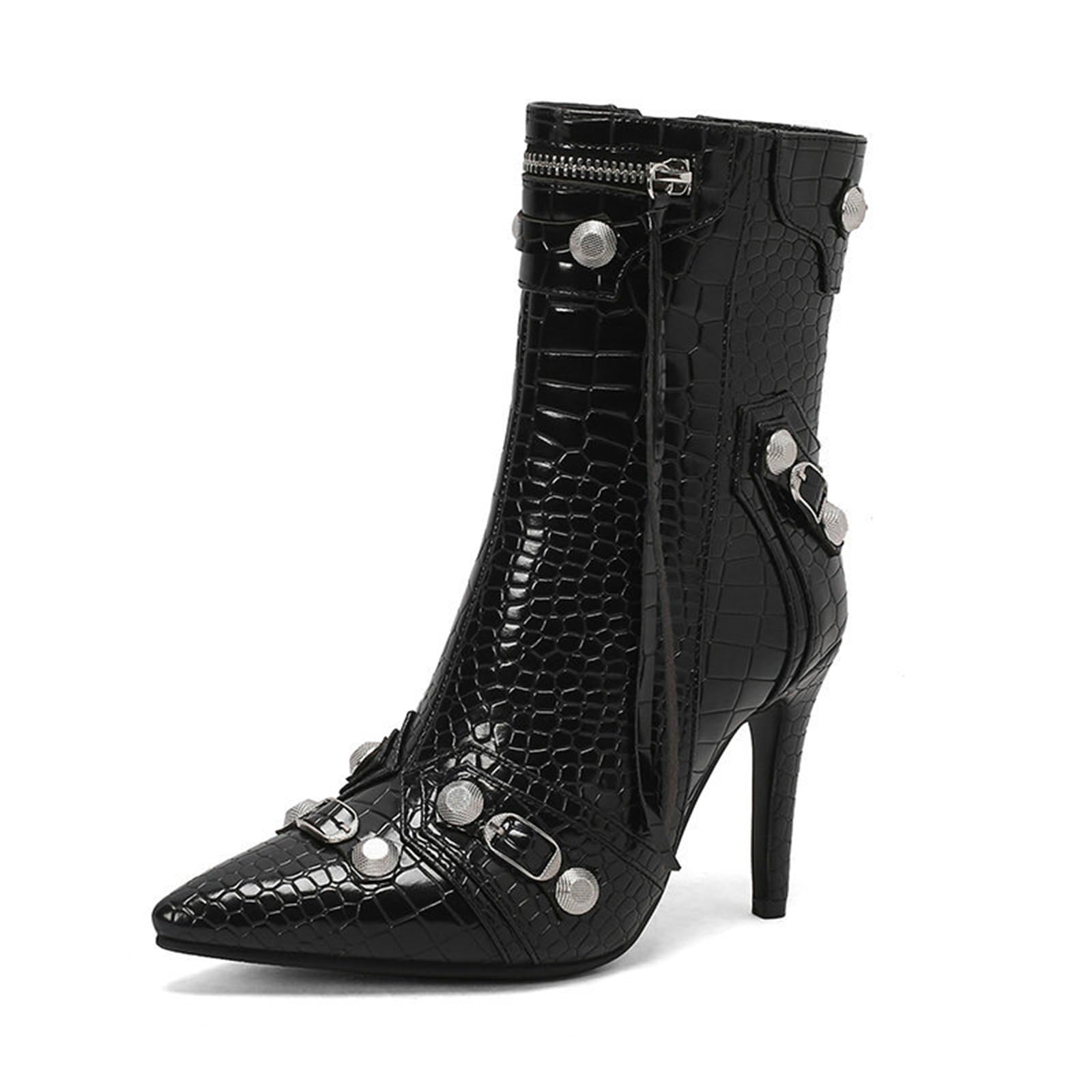 9.5CM Femmes Talons Hauts Bottines Pointus Sexy Stiletto Rivet Moto Zipper Short Boots Chaussures d'automne